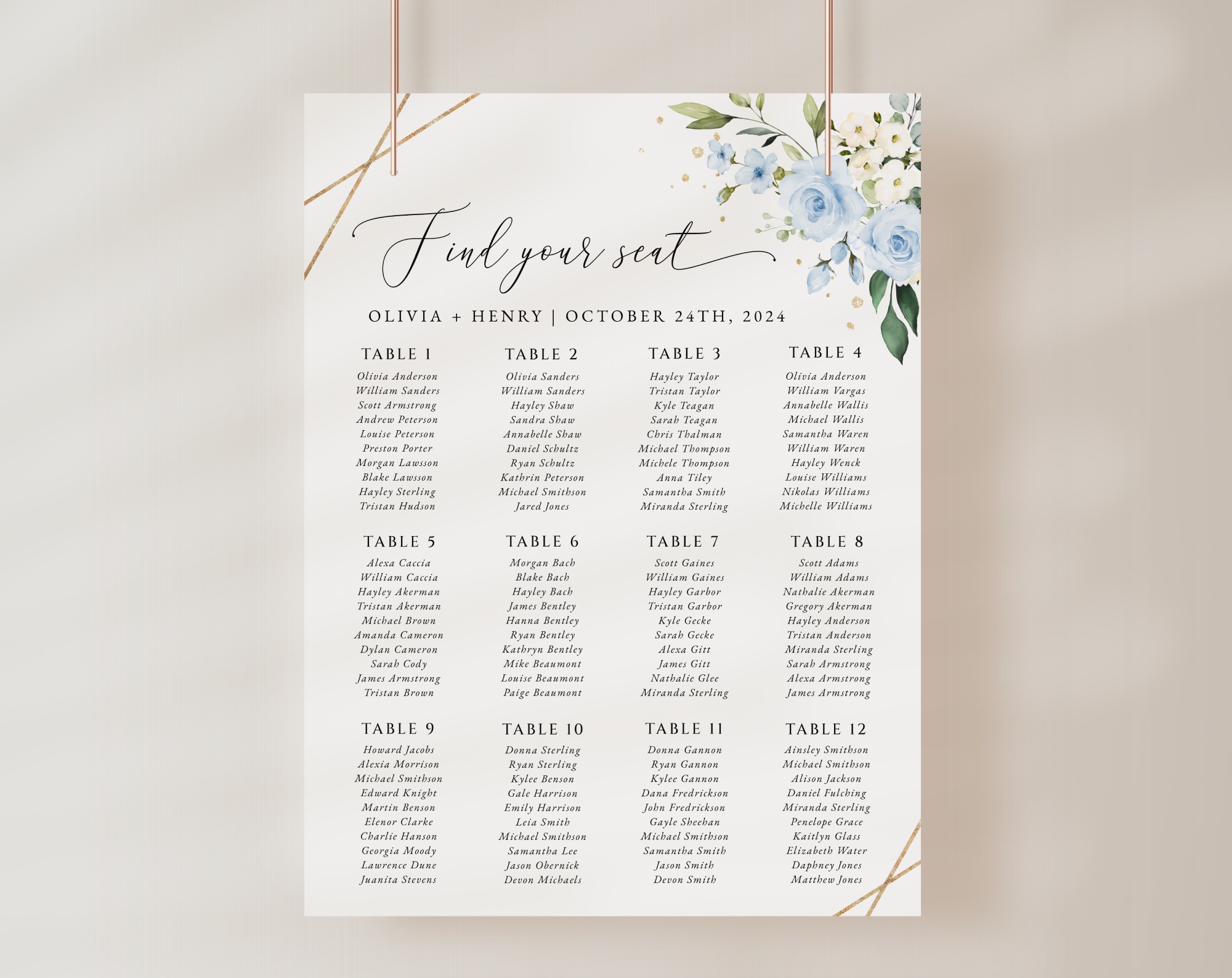 Blue Flowers and Gold Confetti Seating Chart, Wedding Sign, Printable File, Edit Yourself, SH136