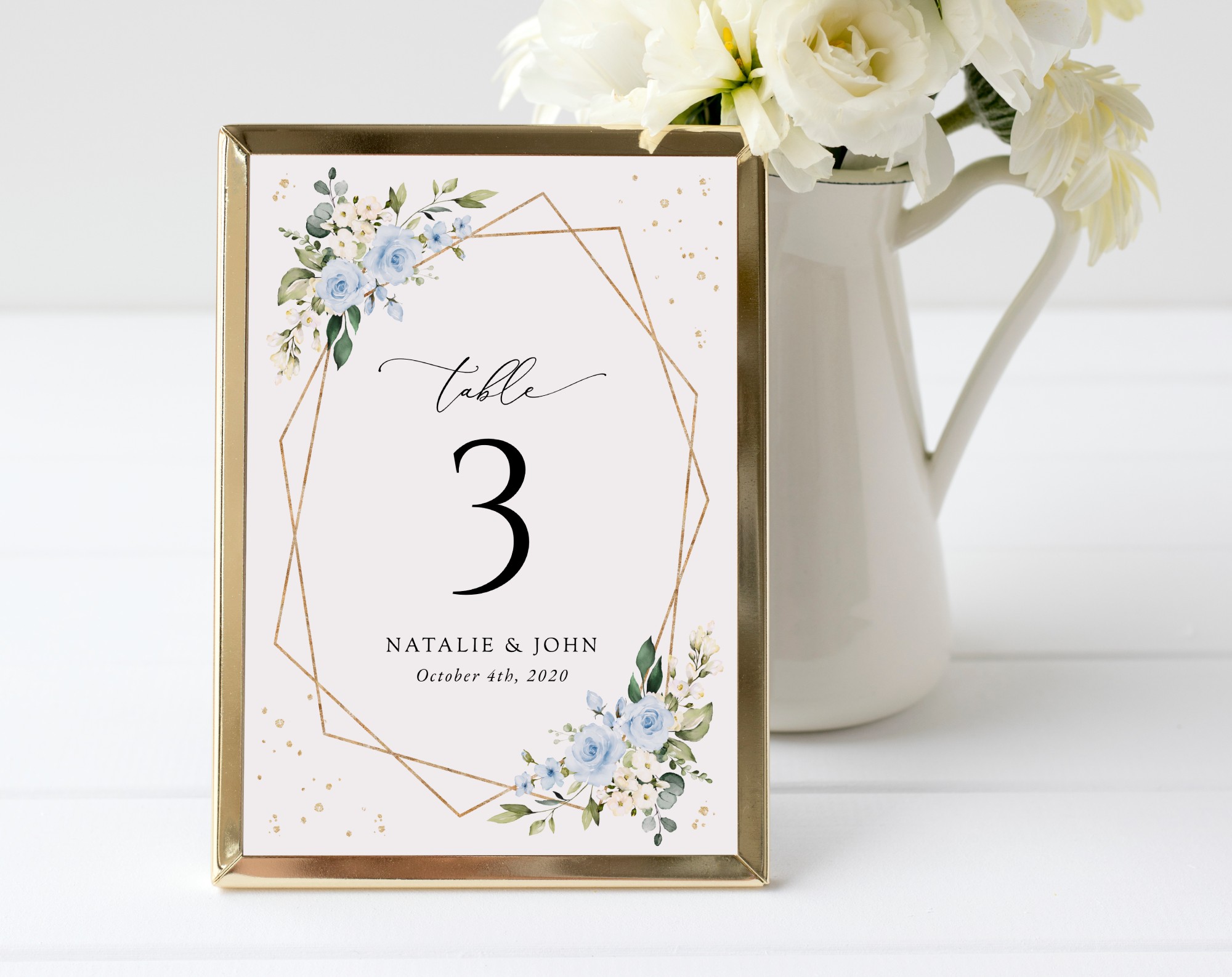 Blue Flowers and Gold Confetti Table Number Sign, Wedding Sign, Printable File, Edit Yourself, SH136