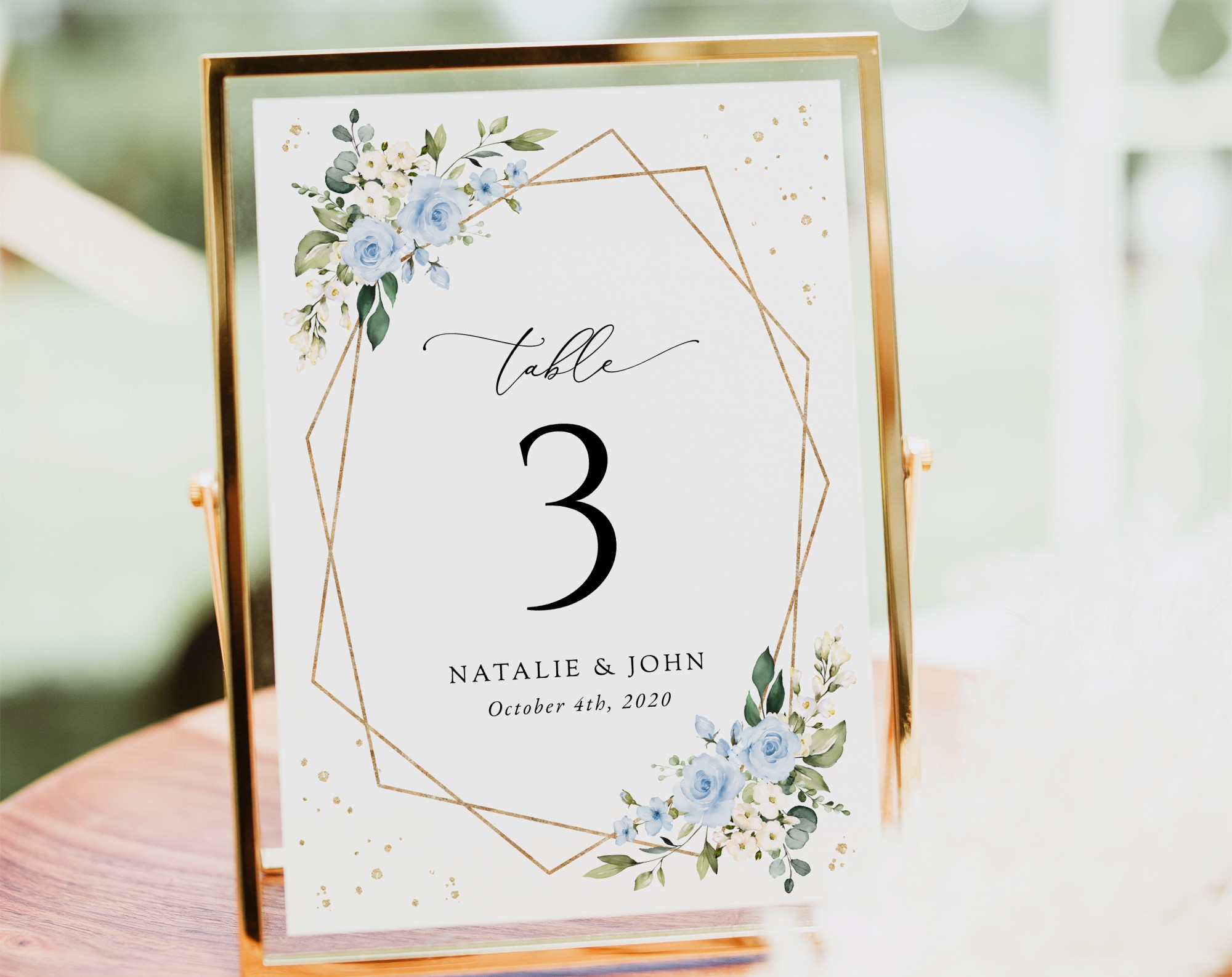 Blue Flowers and Gold Confetti Table Number Sign, Wedding Sign, Printable File, Edit Yourself, SH136