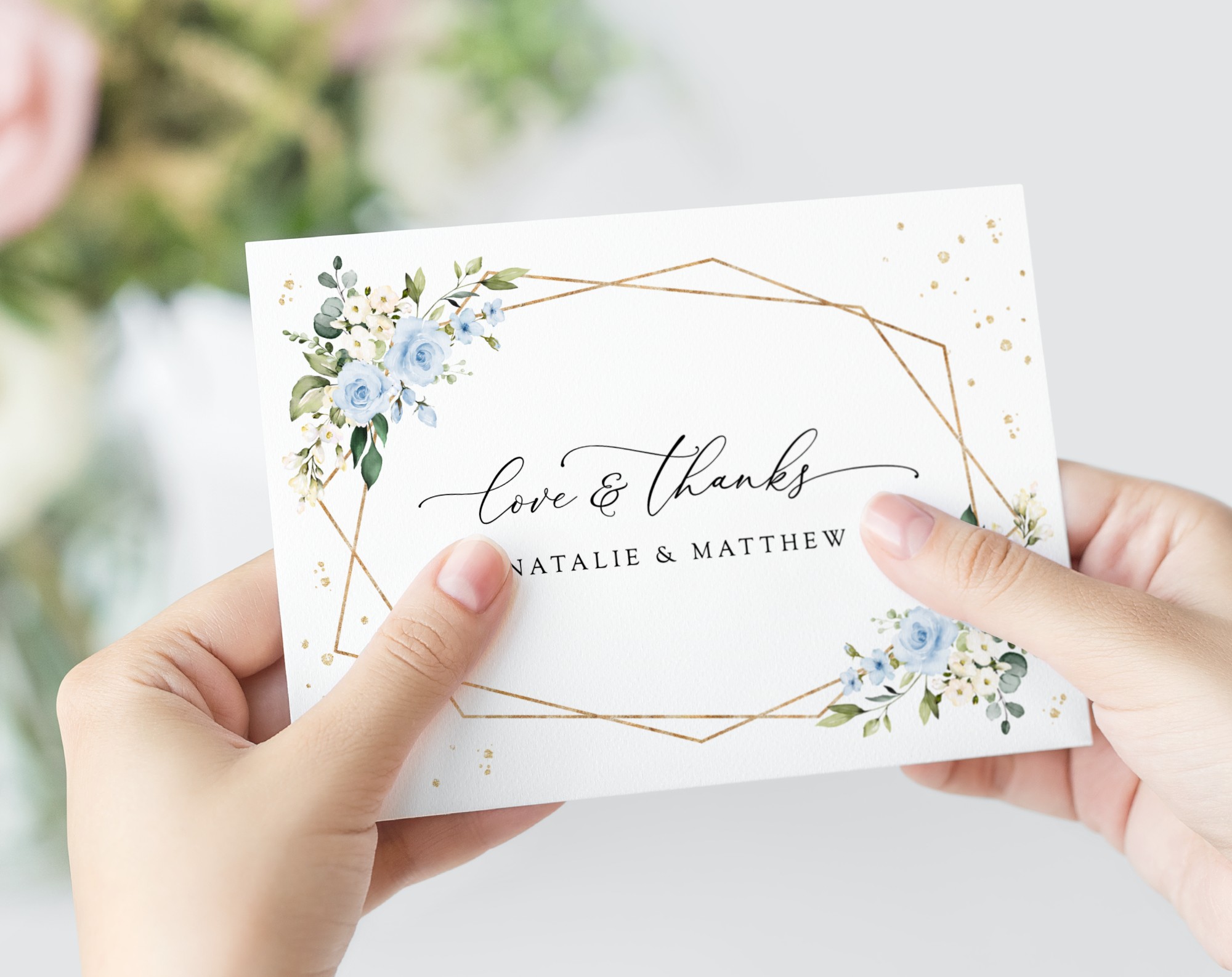 Blue Flowers and Gold Confetti Thank You Card, Wedding Stationery, Printable File, Edit Yourself, SH136