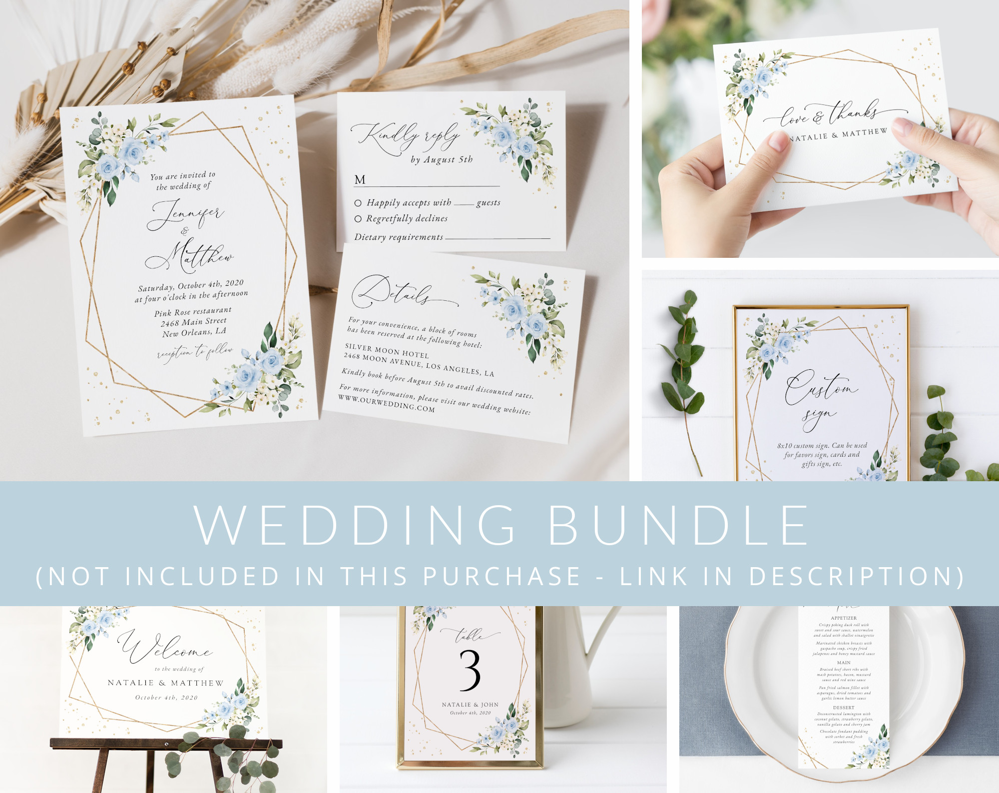 Blue Flowers and Gold Confetti Wedding Bundle, Printable File, Edit Yourself, SH136 Blue Flowers and Gold Confetti Wedding Bundle, Printable File, Edit Yourself, SH136