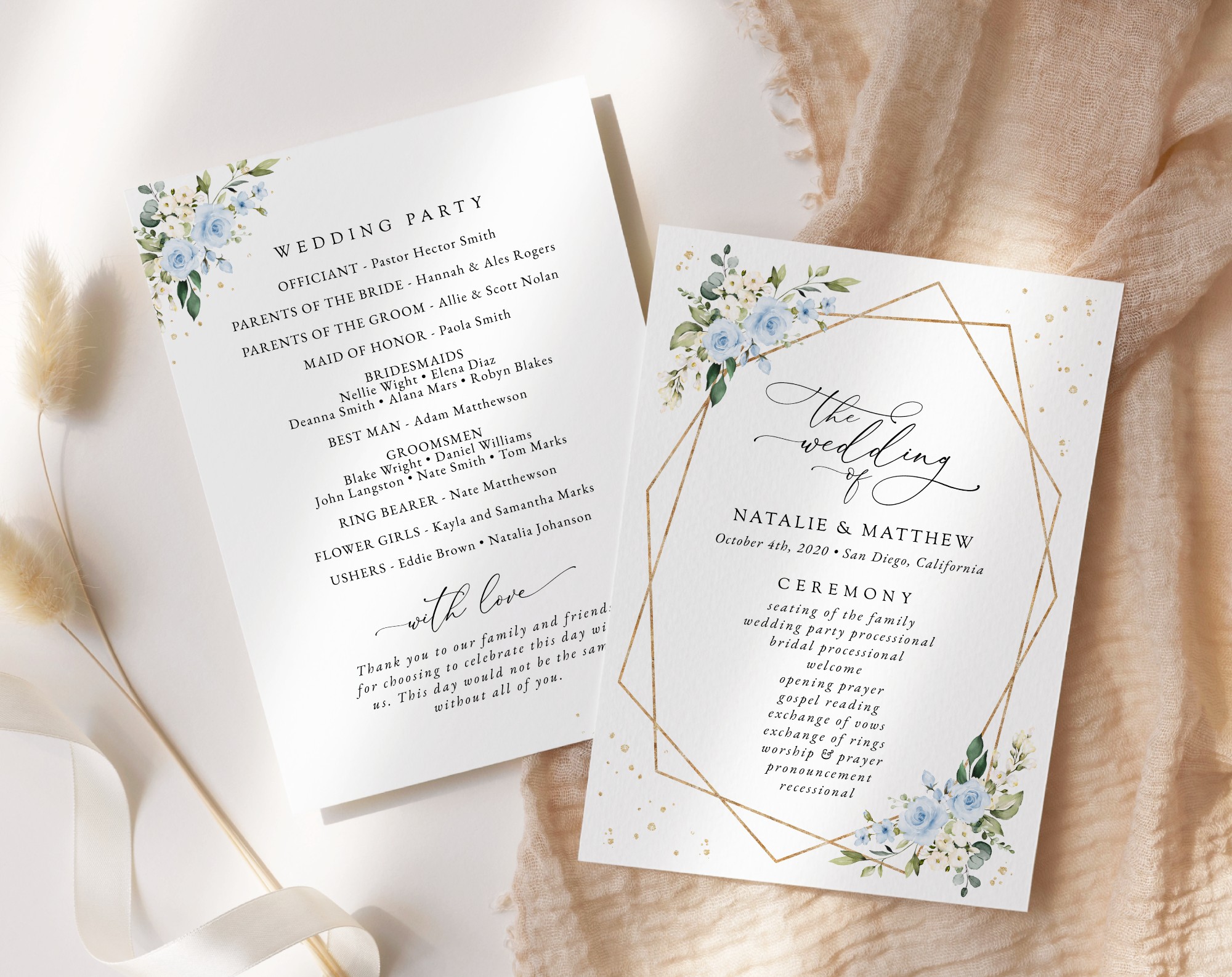 Blue Flowers and Gold Confetti Wedding Program, Wedding Stationery, Printable File, Edit Yourself, SH136