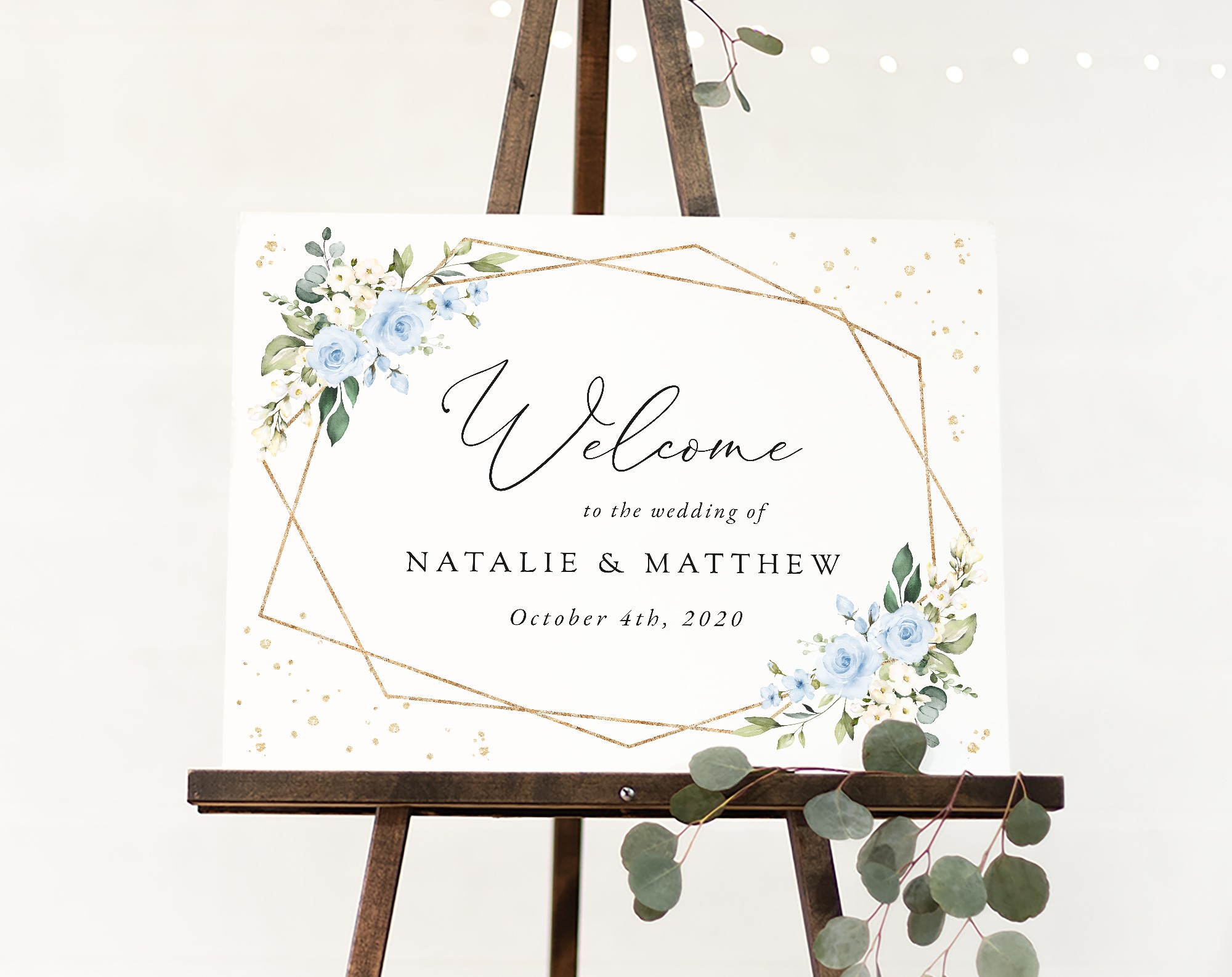 Blue Flowers and Gold Confetti Welcome Sign, Wedding Sign, Printable File, Edit Yourself, SH136