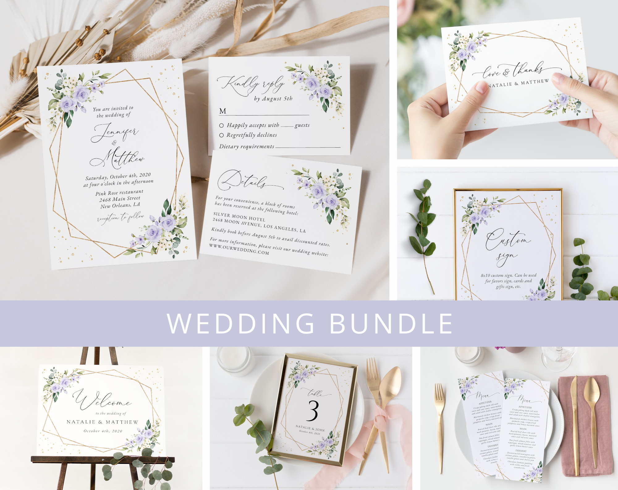 Purple Flowers and Gold Confetti Wedding Bundle, Printable File, Edit Yourself, SH137