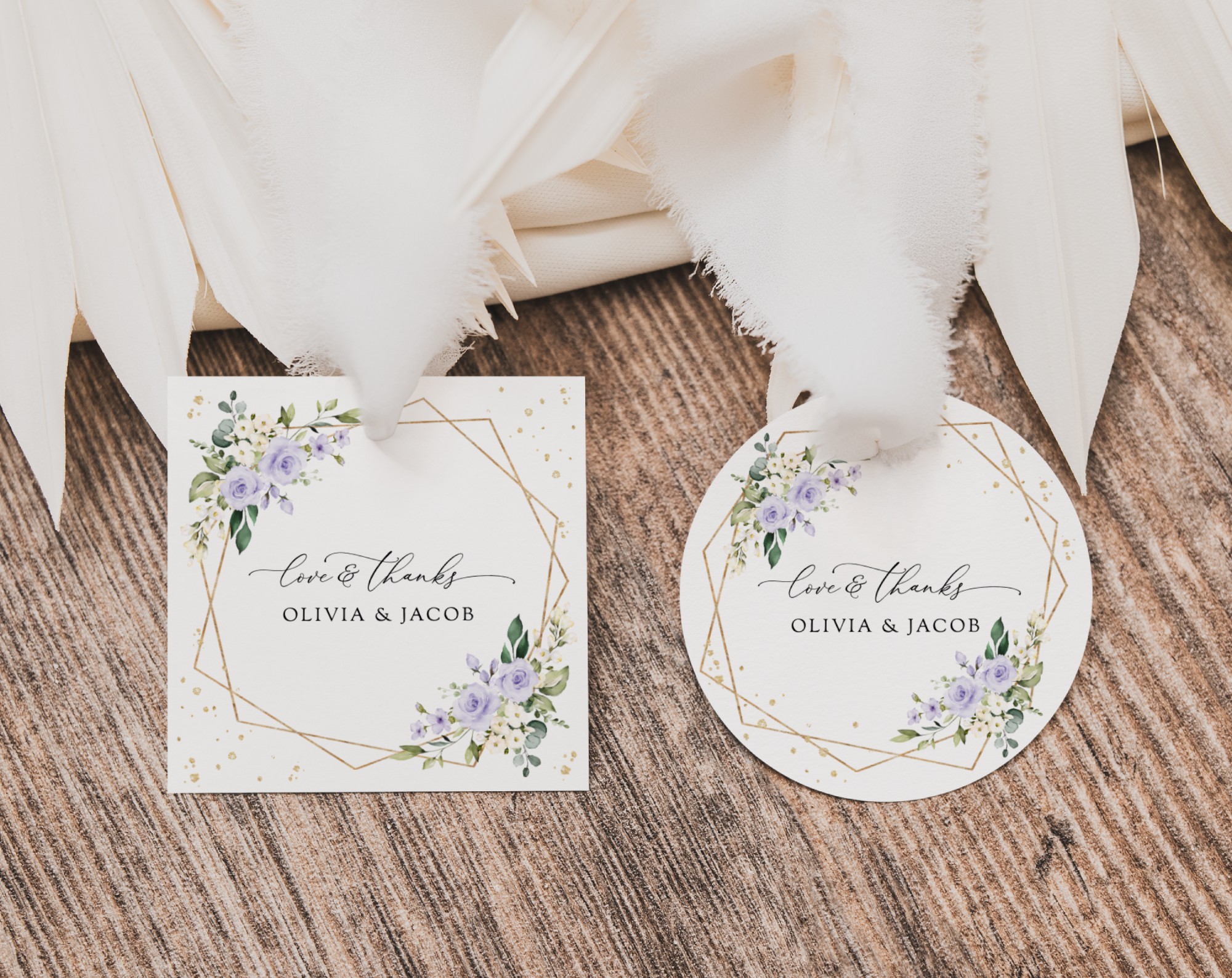 Purple Flowers and Gold Confetti Favor Tags, Wedding Gift Tags, Printable File, Edit Yourself, SH137