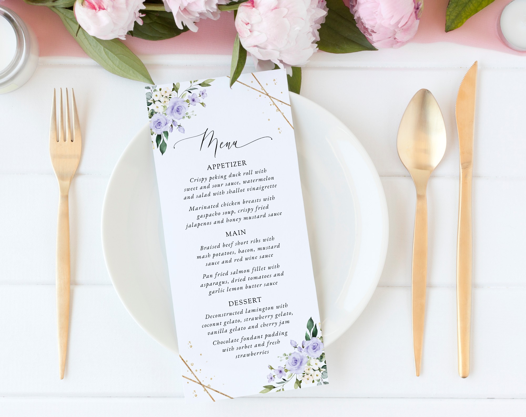 Purple Flowers and Gold Confetti Wedding Menu, Wedding Stationery, Printable File, Edit Yourself, SH137