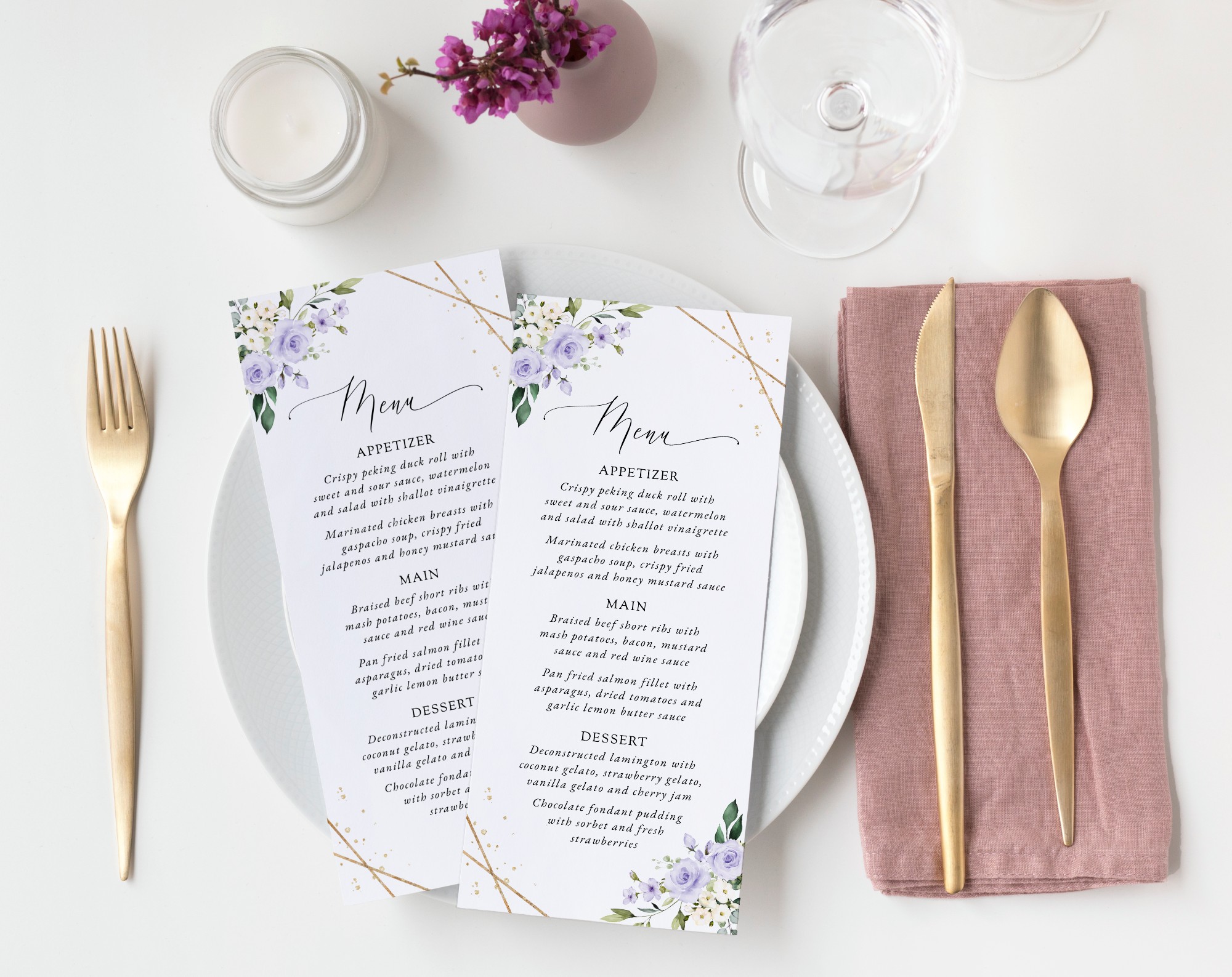 Purple Flowers and Gold Confetti Wedding Menu, Wedding Stationery, Printable File, Edit Yourself, SH137 Purple Flowers and Gold Confetti Wedding Menu, Wedding Stationery, Printable File, Edit Yourself, SH137