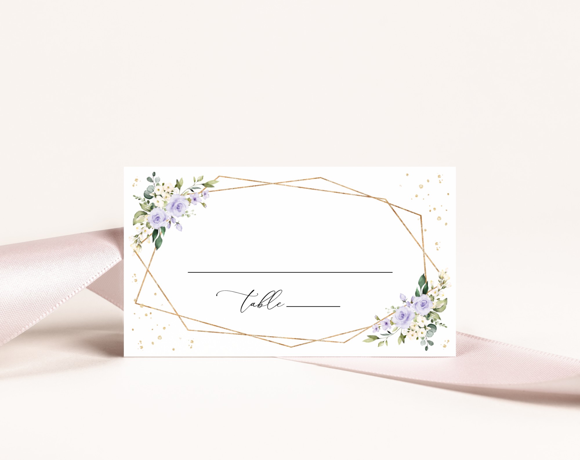 Purple Flowers and Gold Confetti Place Card, Wedding Stationery, Printable File, Edit Yourself, SH137