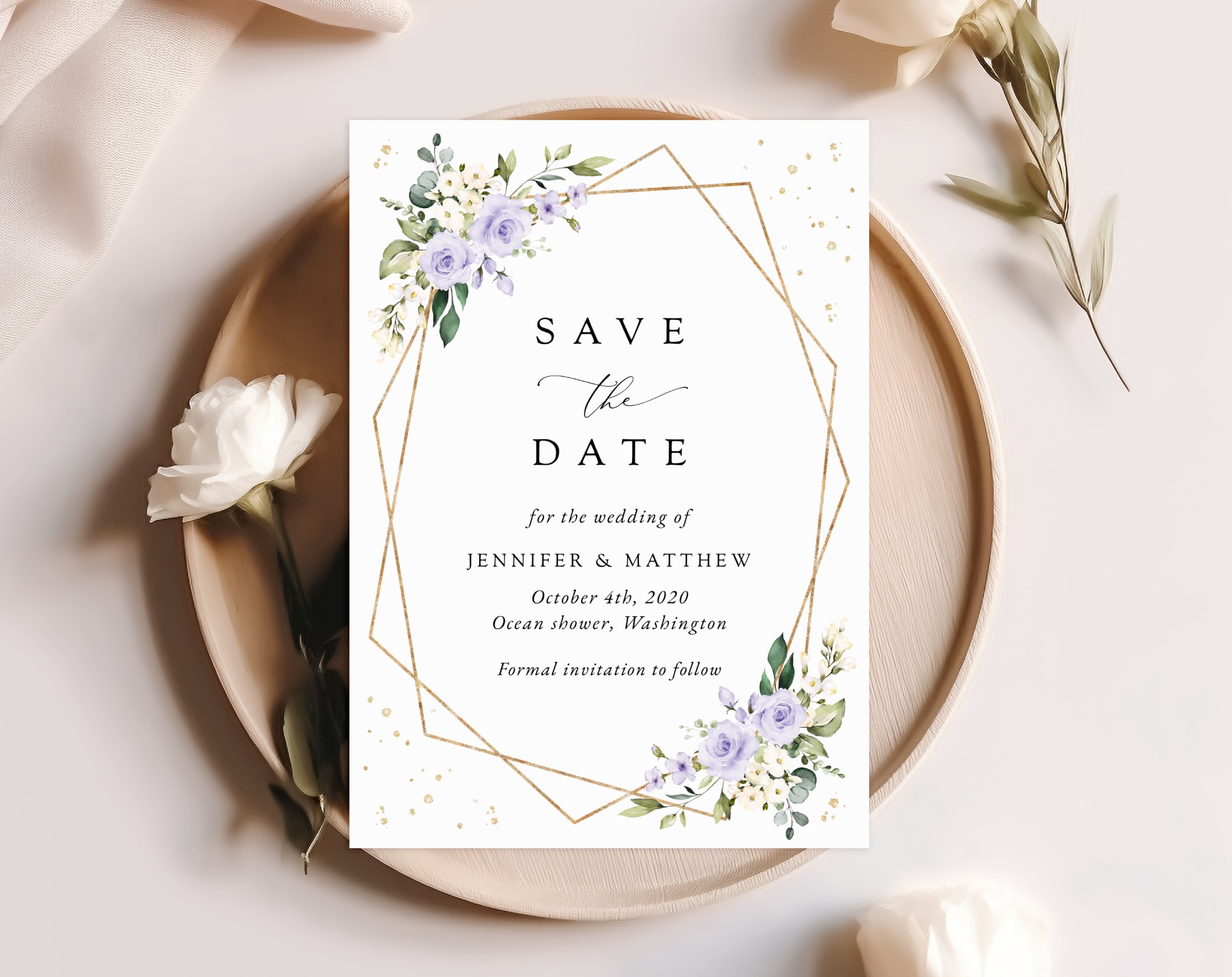 Purple Flowers and Gold Confetti Save the Date, Wedding Stationery, Printable File, Edit Yourself, SH137