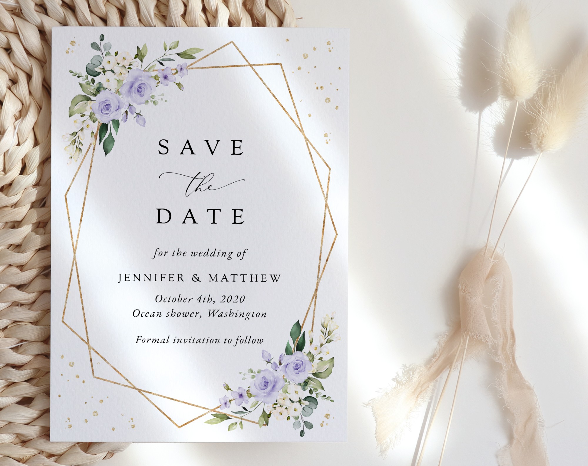 Purple Flowers and Gold Confetti Save the Date, Wedding Stationery, Printable File, Edit Yourself, SH137