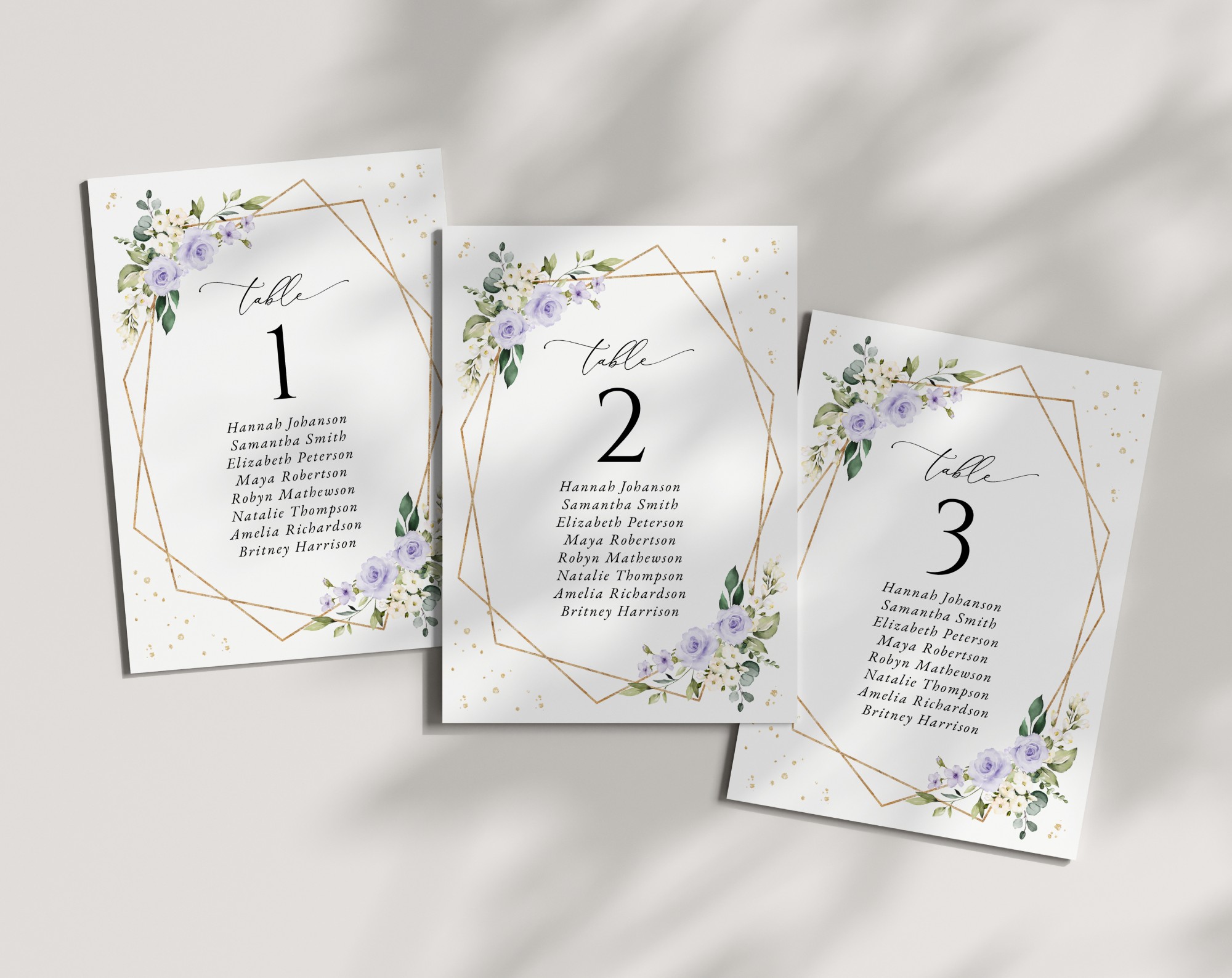 Purple Flowers and Gold Confetti Seating Cards, Wedding Stationery, Printable File, Edit Yourself, SH137
