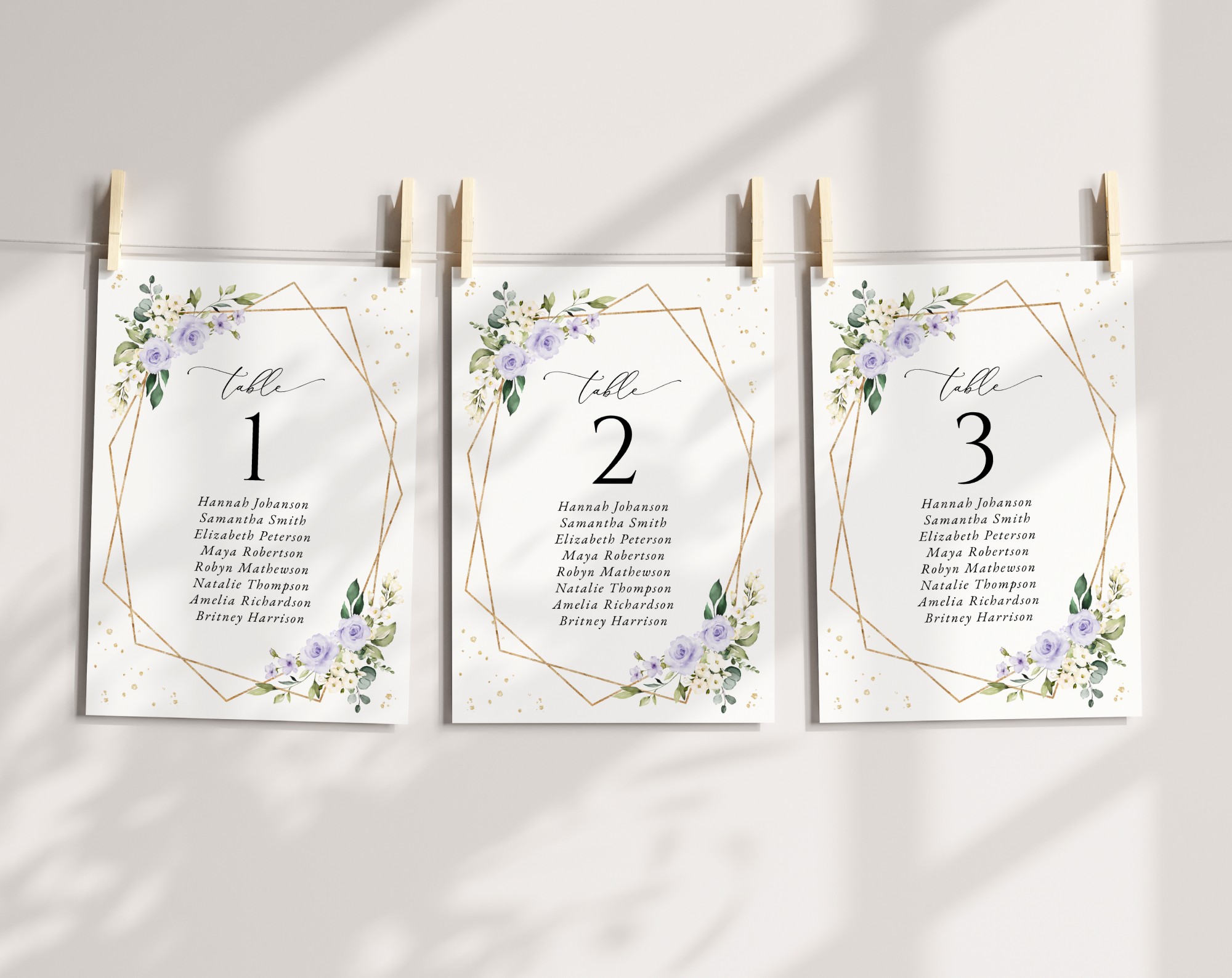 Purple Flowers and Gold Confetti Seating Cards, Wedding Stationery, Printable File, Edit Yourself, SH137