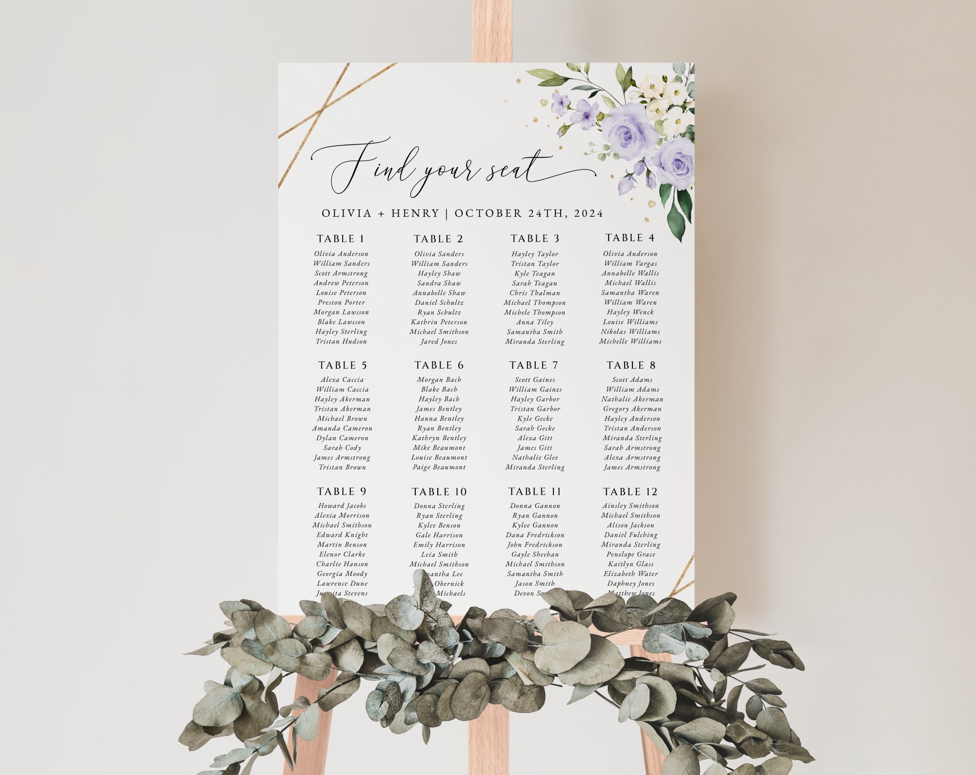 Purple Flowers and Gold Confetti Seating Chart, Wedding Sign, Printable File, Edit Yourself, SH137