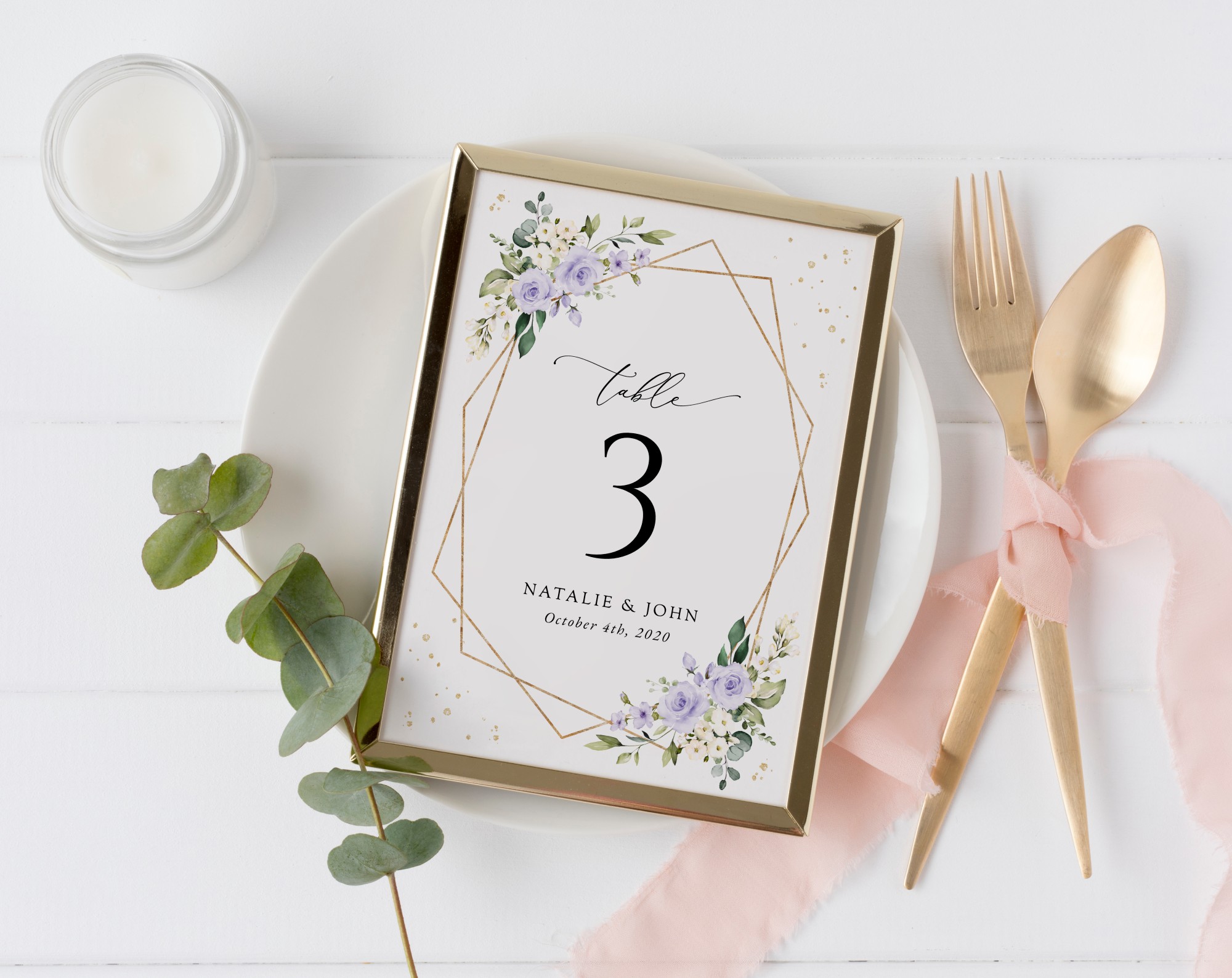 Purple Flowers and Gold Confetti Table Number Sign, Wedding Sign, Printable File, Edit Yourself, SH137