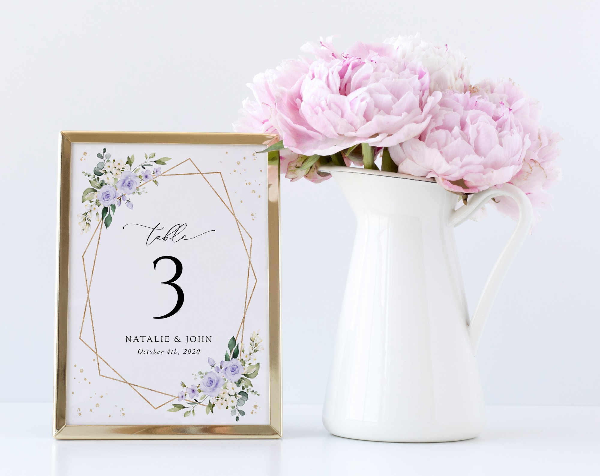 Purple Flowers and Gold Confetti Table Number Sign, Wedding Sign, Printable File, Edit Yourself, SH137