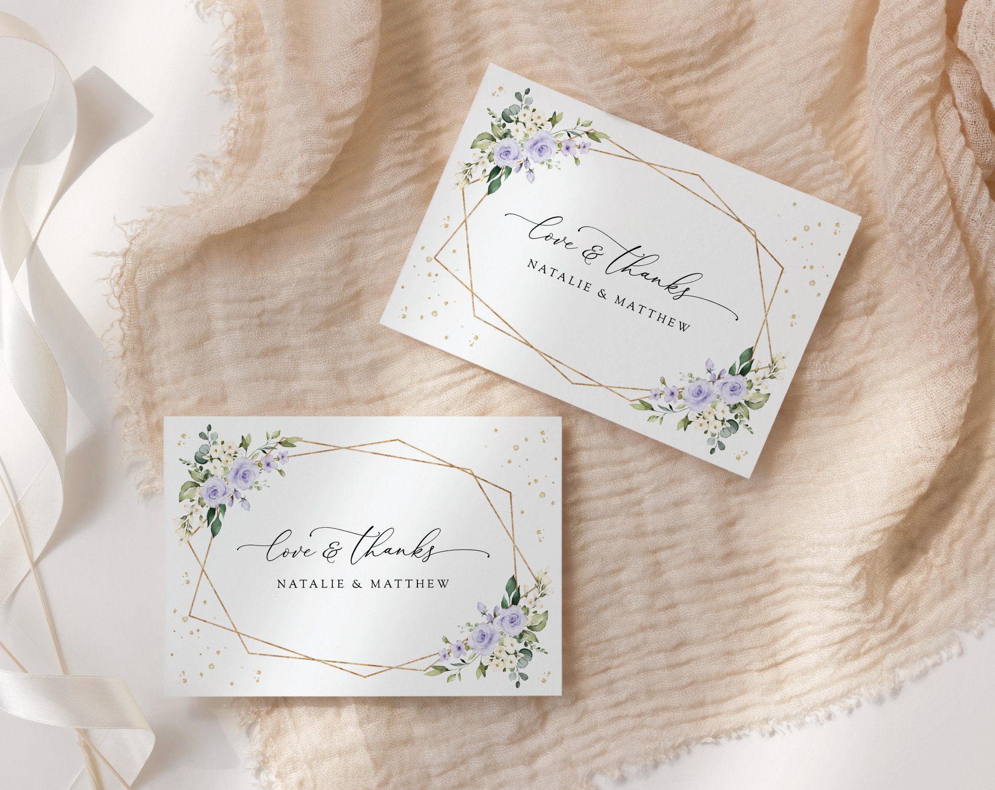 Purple Flowers and Gold Confetti Thank You Card, Wedding Stationery, Printable File, Edit Yourself, SH137