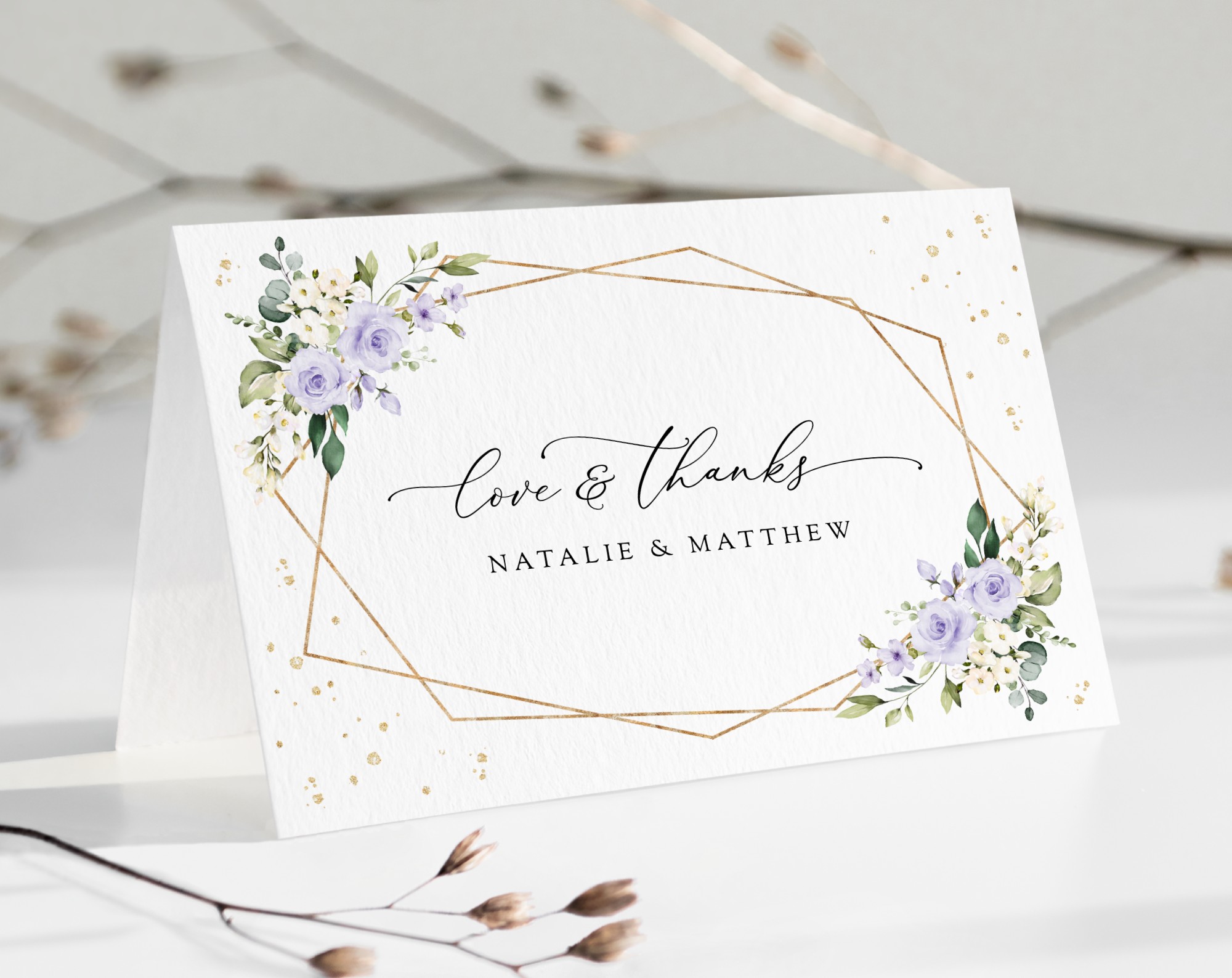 Purple Flowers and Gold Confetti Thank You Card, Wedding Stationery, Printable File, Edit Yourself, SH137