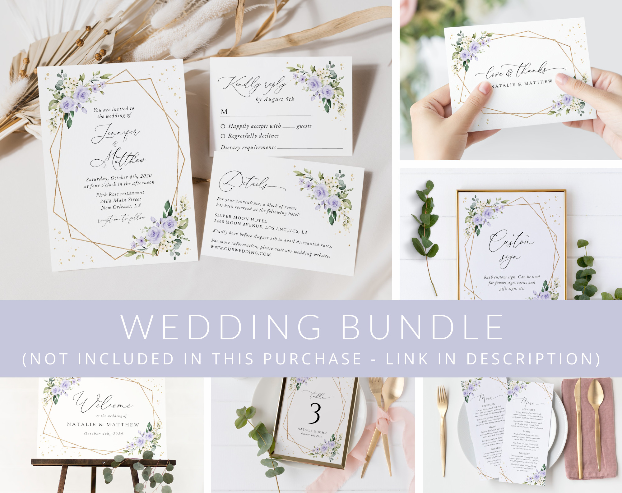 Purple Flowers and Gold Confetti Wedding Bundle, Printable File, Edit Yourself, SH137