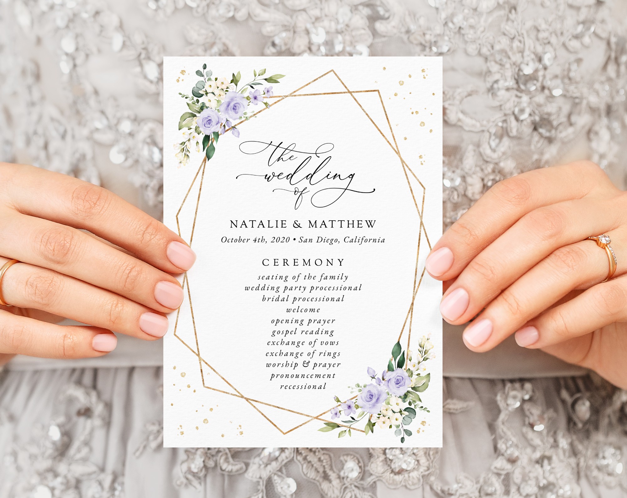 Purple Flowers and Gold Confetti Wedding Program, Wedding Stationery, Printable File, Edit Yourself, SH137