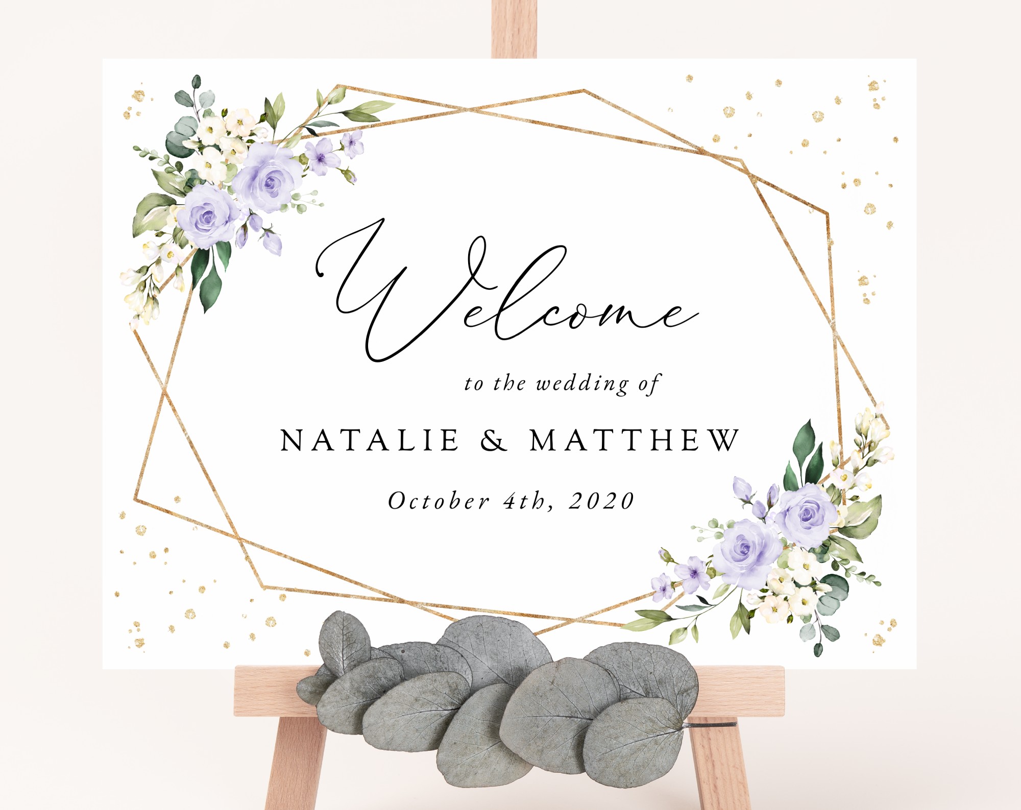 Purple Flowers and Gold Confetti Welcome Sign, Wedding Sign, Printable File, Edit Yourself, SH137
