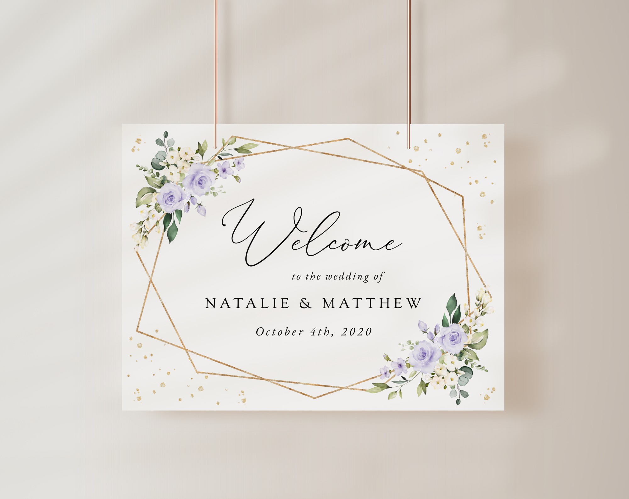 Purple Flowers and Gold Confetti Welcome Sign, Wedding Sign, Printable File, Edit Yourself, SH137