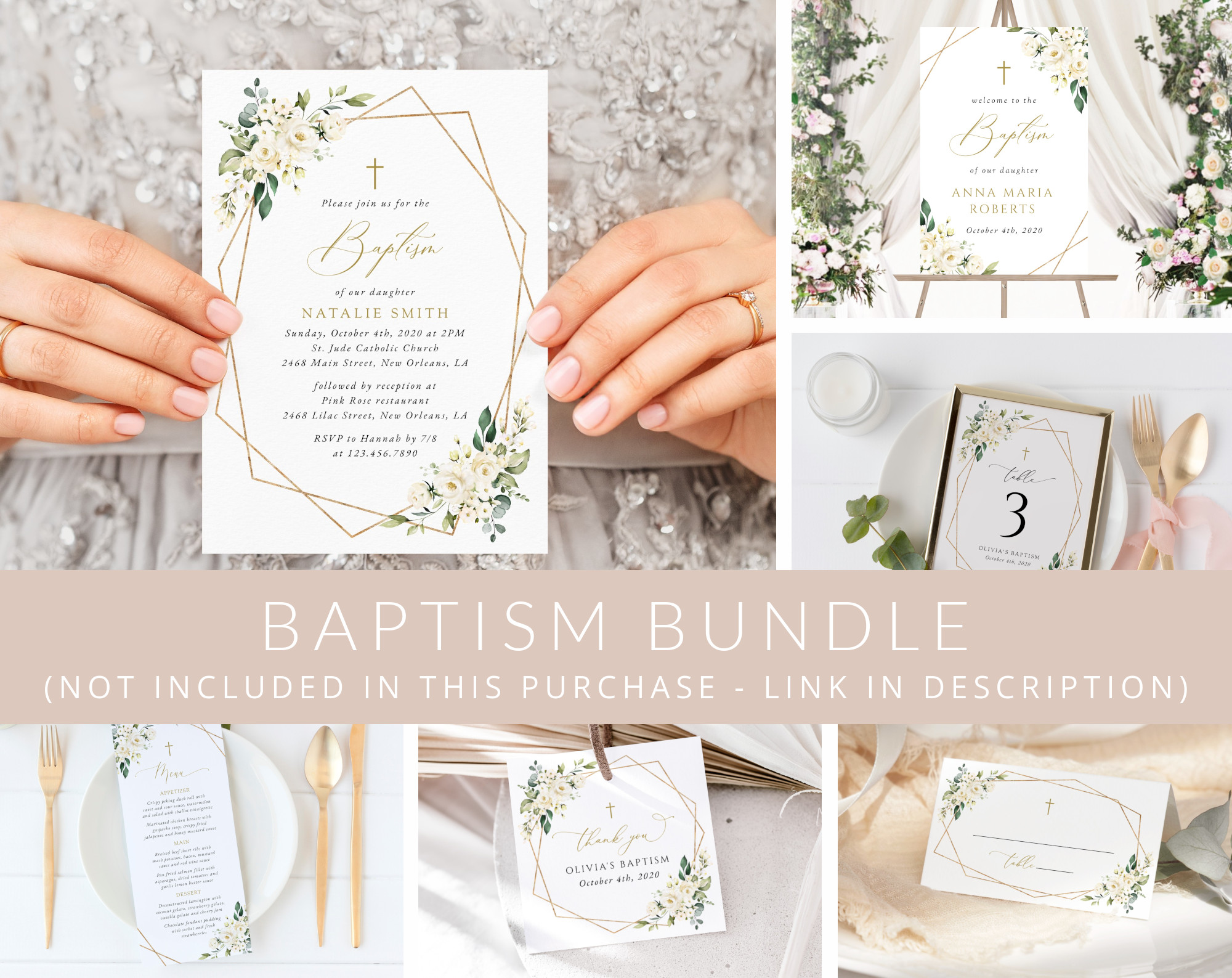 White Flowers Baptism Mini Bundle, Printable File, Edit Yourself, SH138