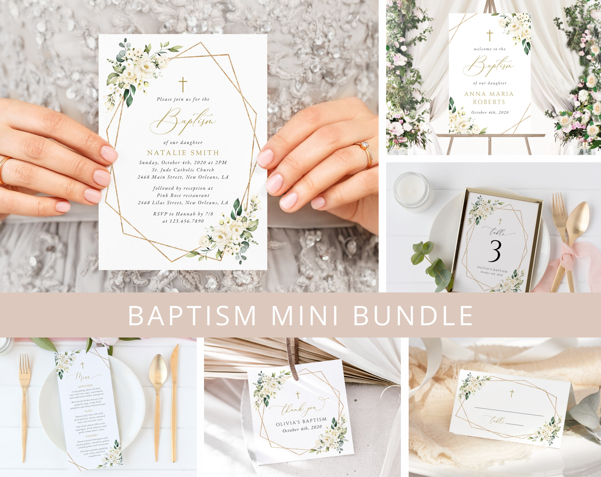 White Flowers Baptism Mini Bundle, Printable File, Edit Yourself, SH138