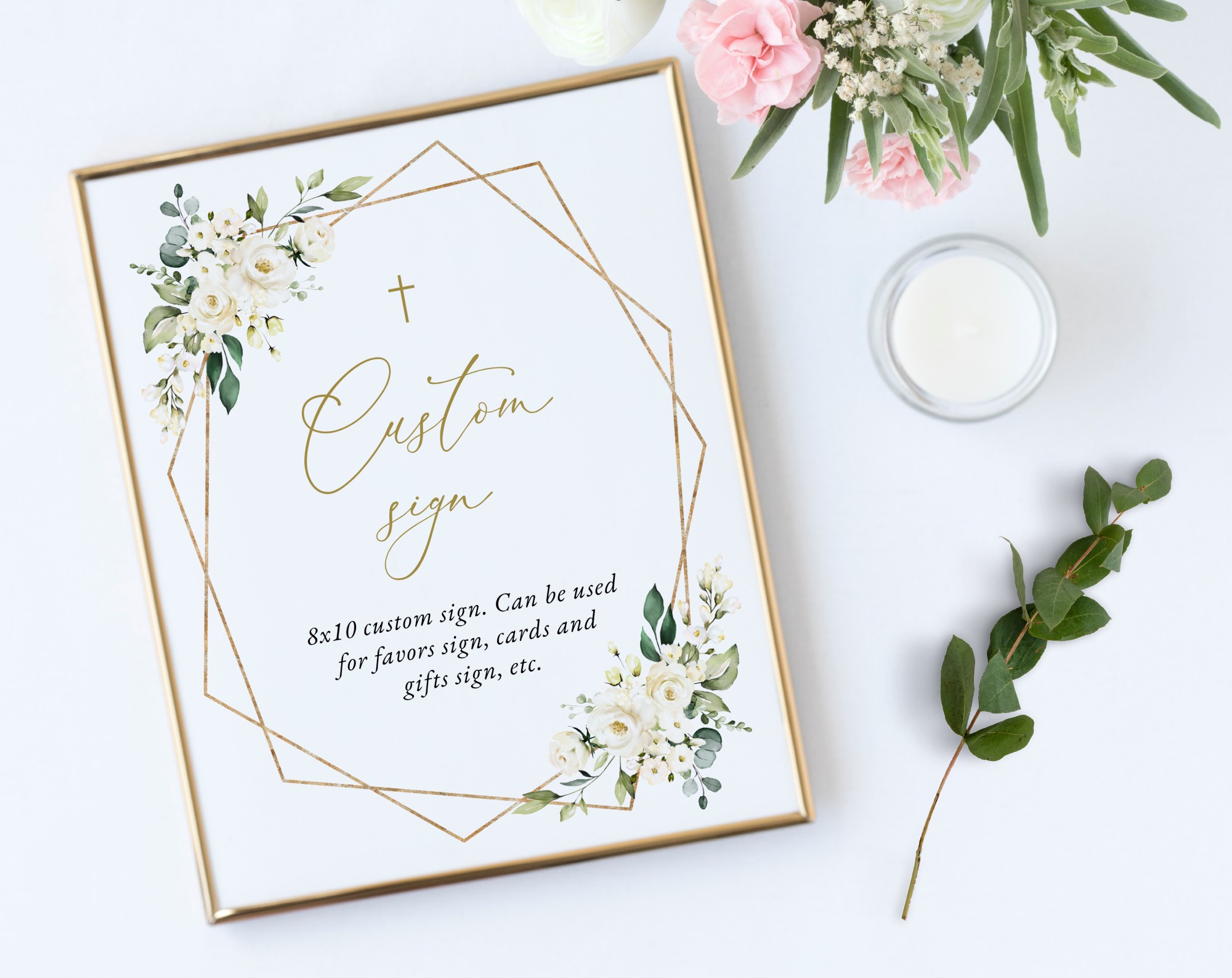 White Flowers Custom Sign, Baptism, First Holy Communion, Printable File, Edit Yourself, SH138 SH139