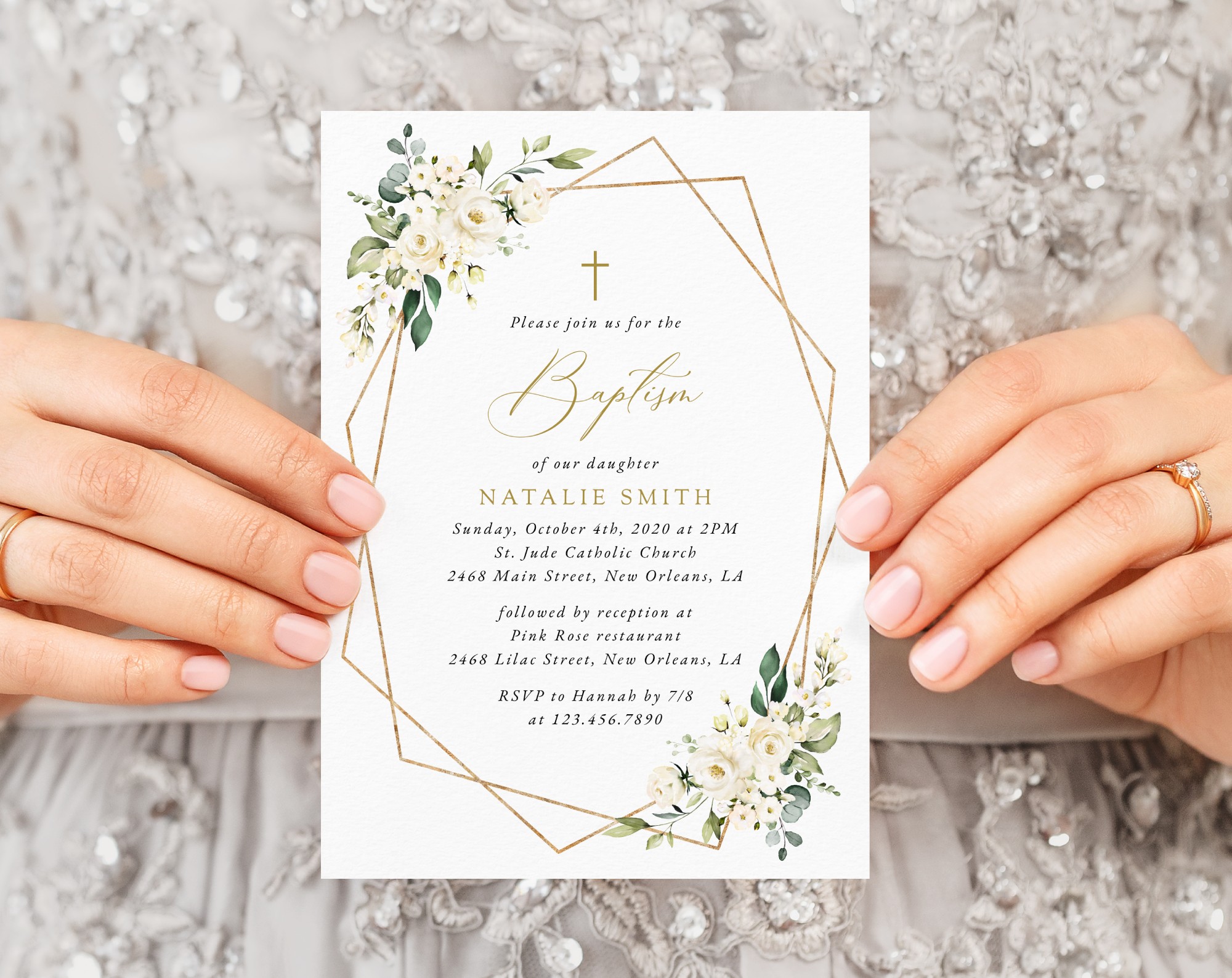 White Flowers Baptism Invitation, Baptism Stationery, Printable File, Edit Yourself, SH138