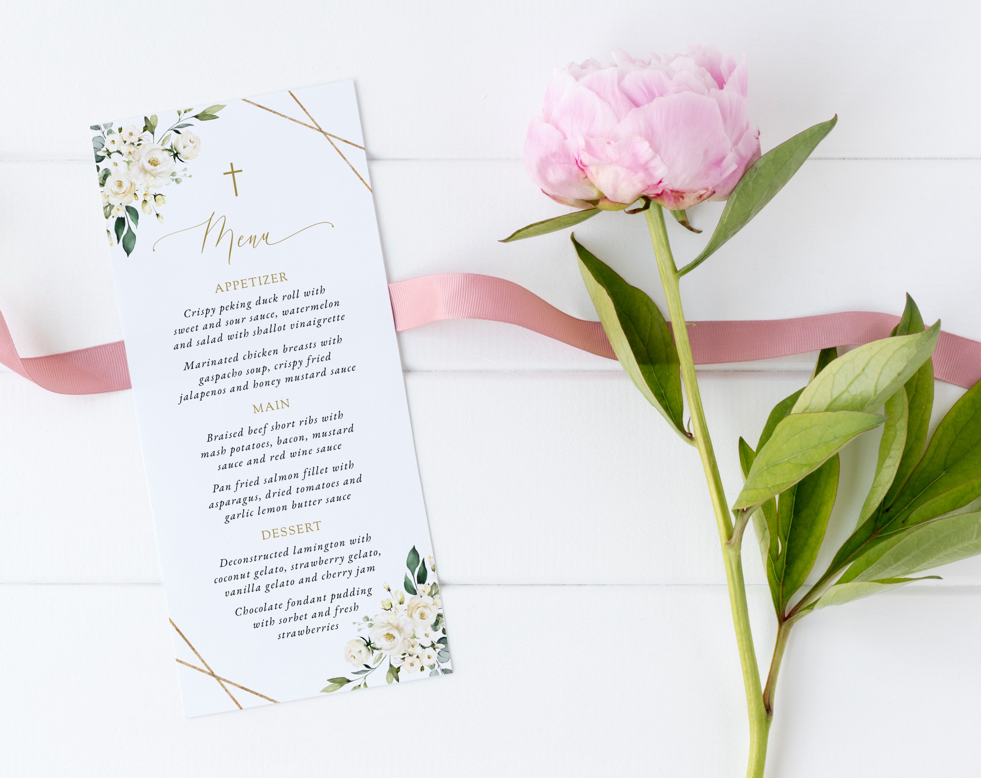 White Flowers Menu, Baptism, First Holy Communion, Printable File, Edit Yourself, SH138 SH139