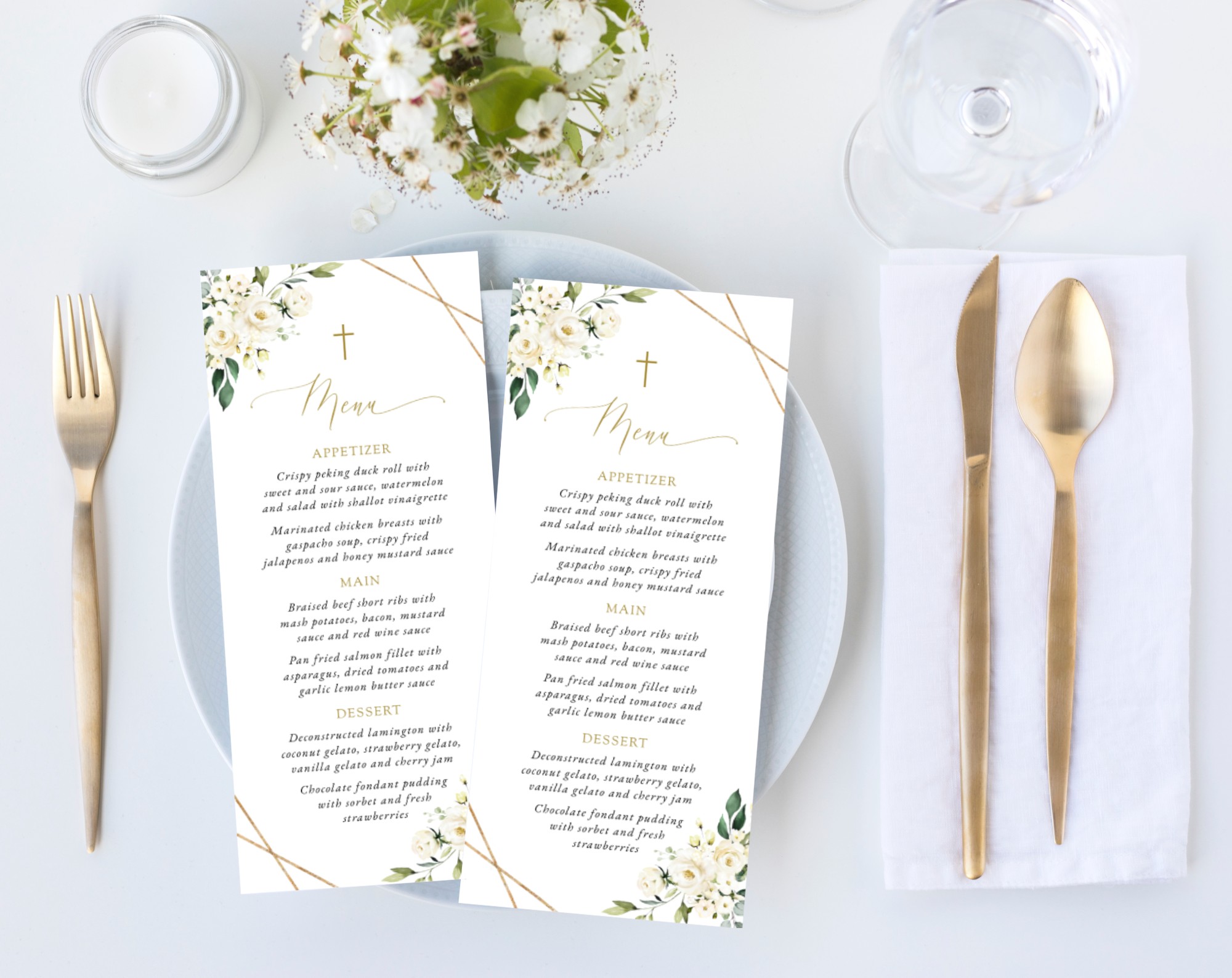 White Flowers Menu, Baptism, First Holy Communion, Printable File, Edit Yourself, SH138 SH139