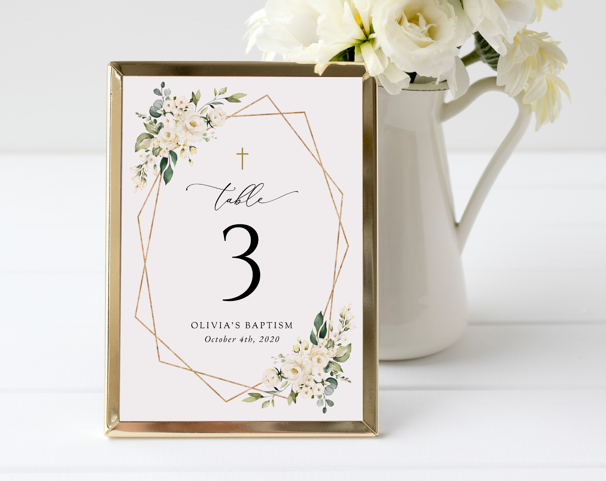 White Flowers Table Number Sign, Baptism Sign, Printable File, Edit Yourself, SH138