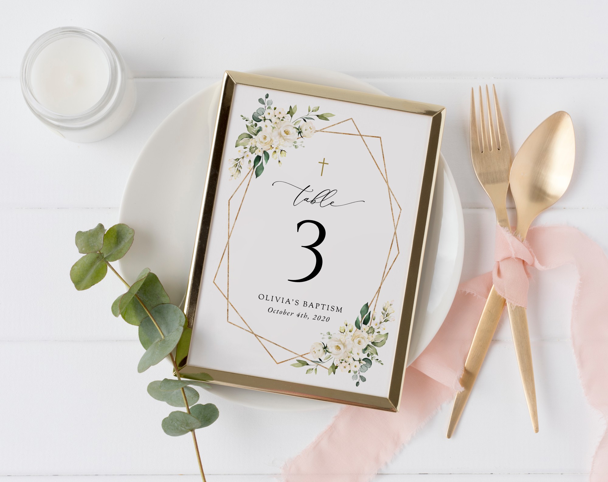 White Flowers Table Number Sign, Baptism Sign, Printable File, Edit Yourself, SH138
