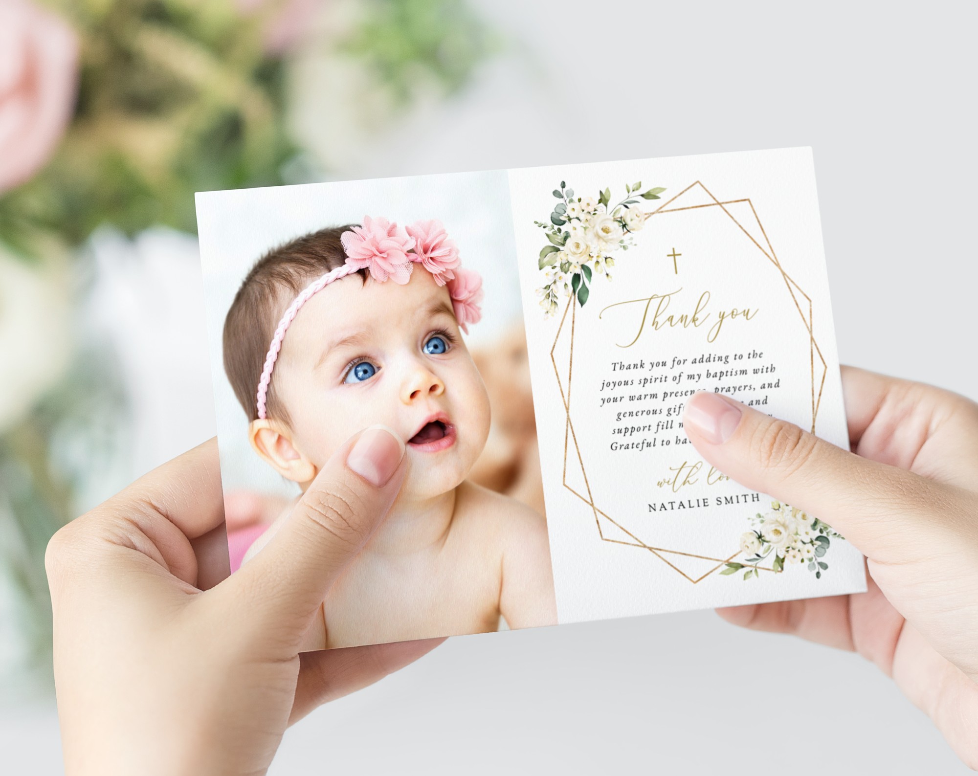 White Flowers Baptism Thank You Card, Baptism Stationery, Printable File, Edit Yourself, SH138