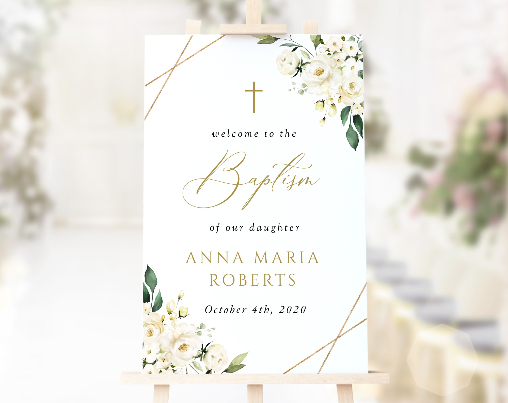 White Flowers Welcome Sign, Baptism Sign, Printable File, Edit Yourself, SH138