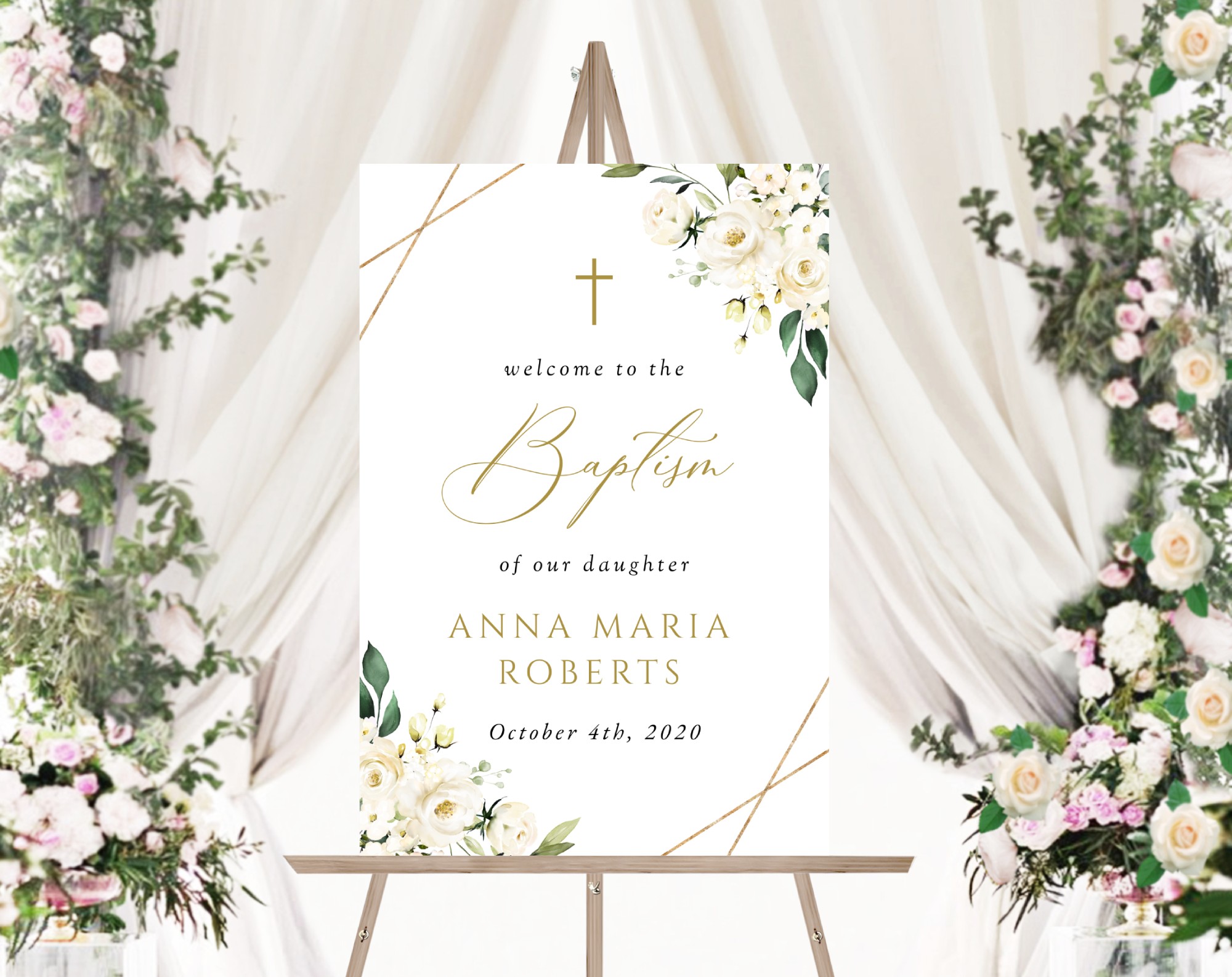 White Flowers Welcome Sign, Baptism Sign, Printable File, Edit Yourself, SH138