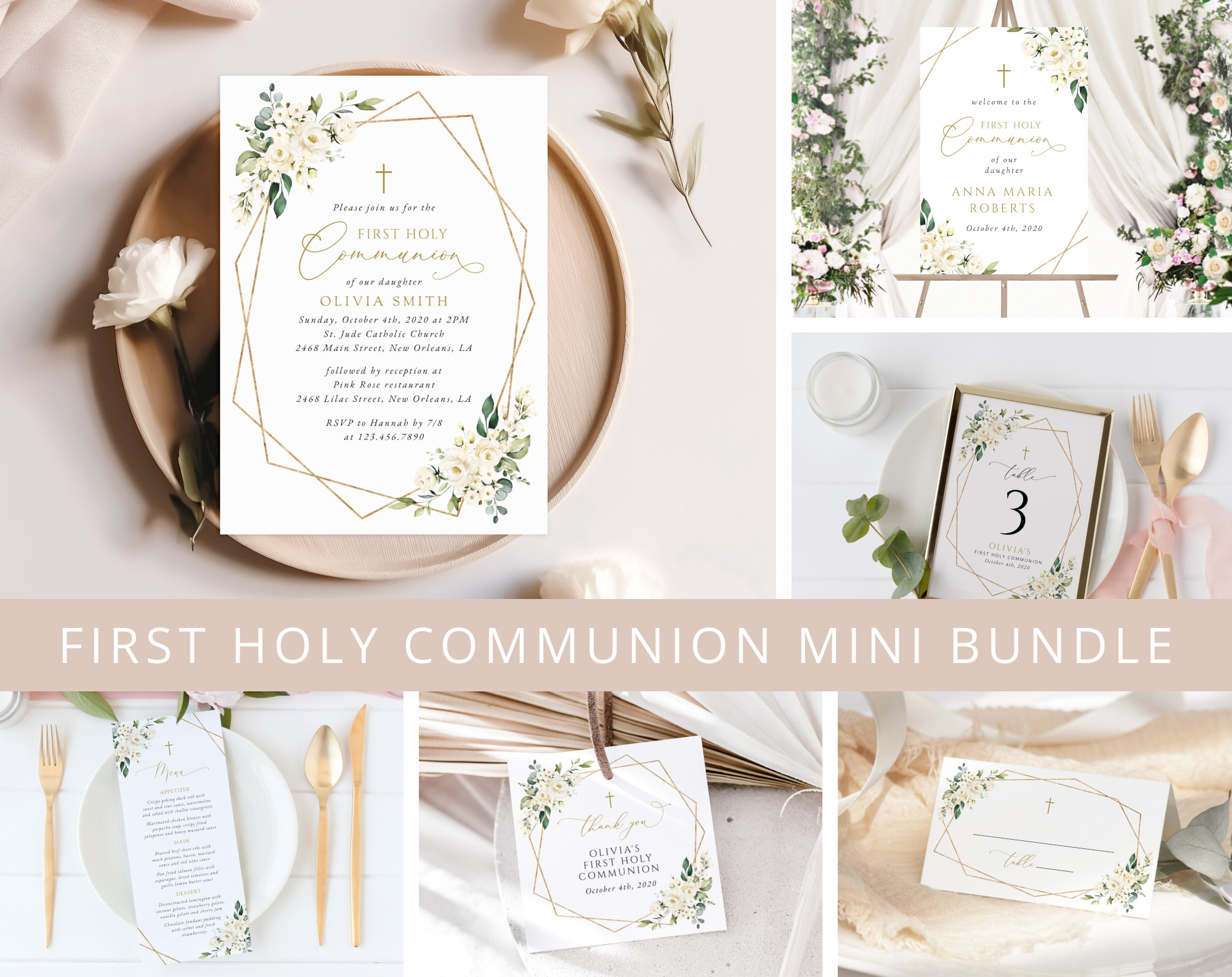 White Flowers First Holy Communion Mini Bundle, Printable File, Edit Yourself, SH139