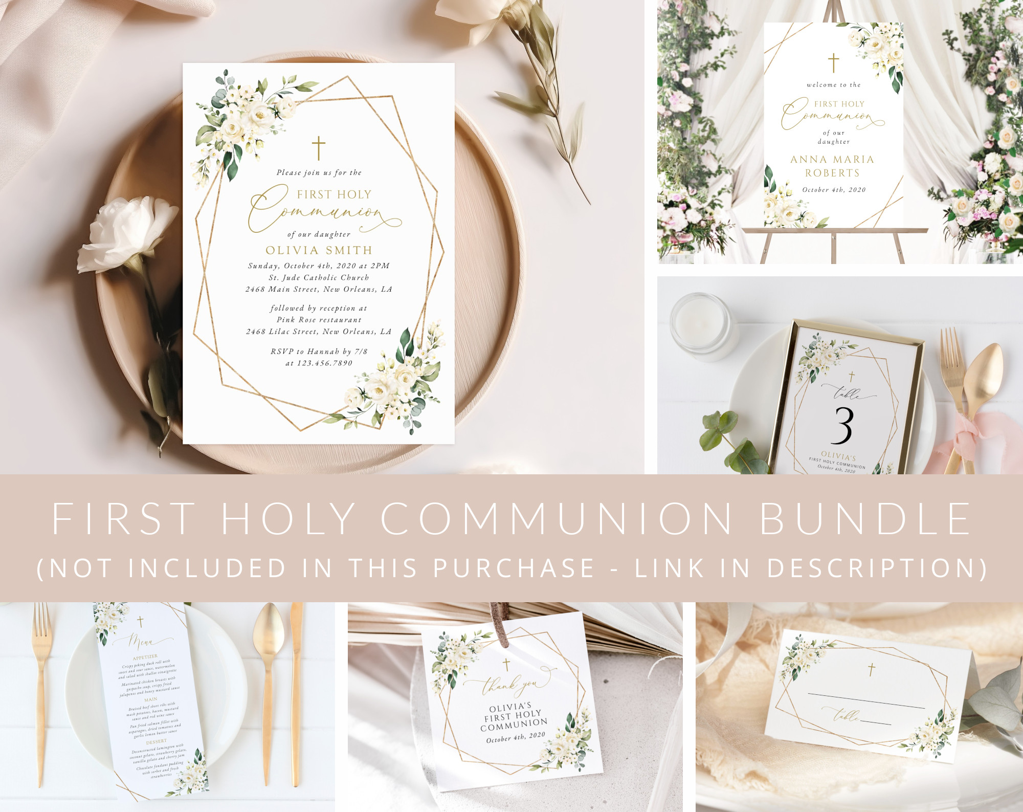 White Flowers First Holy Communion Mini Bundle, Printable File, Edit Yourself, SH139