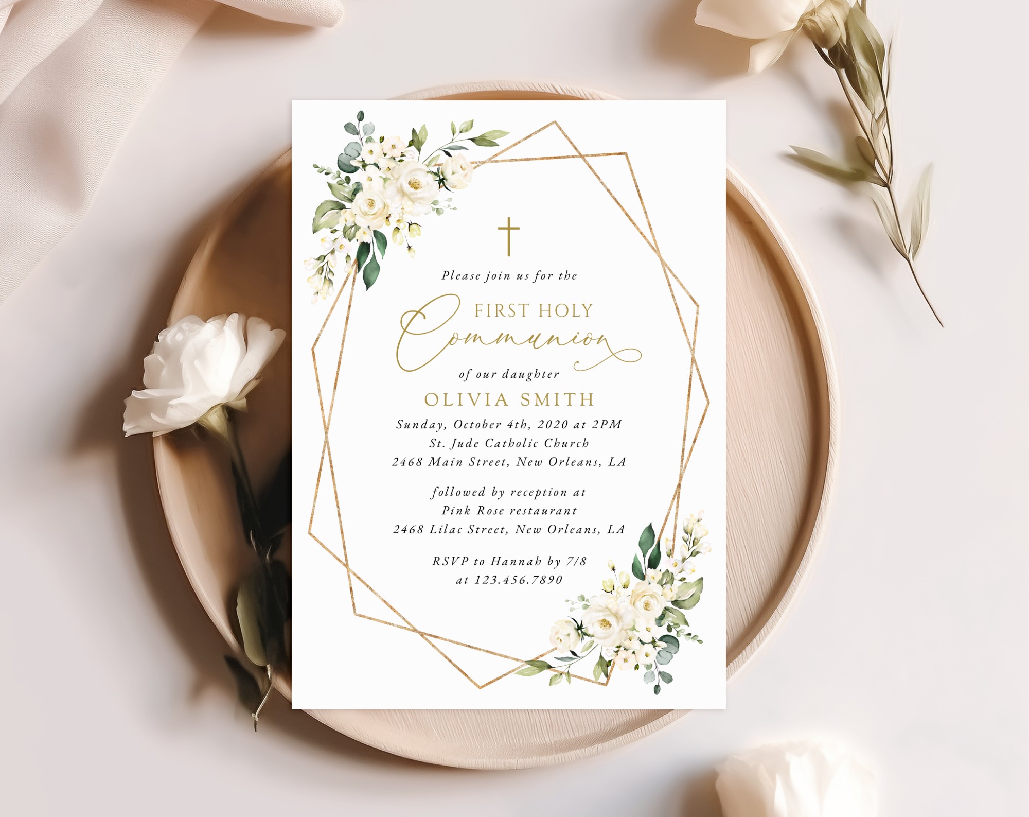 White Flowers First Holy Communion Invitation, Printable File, Edit Yourself, SH139