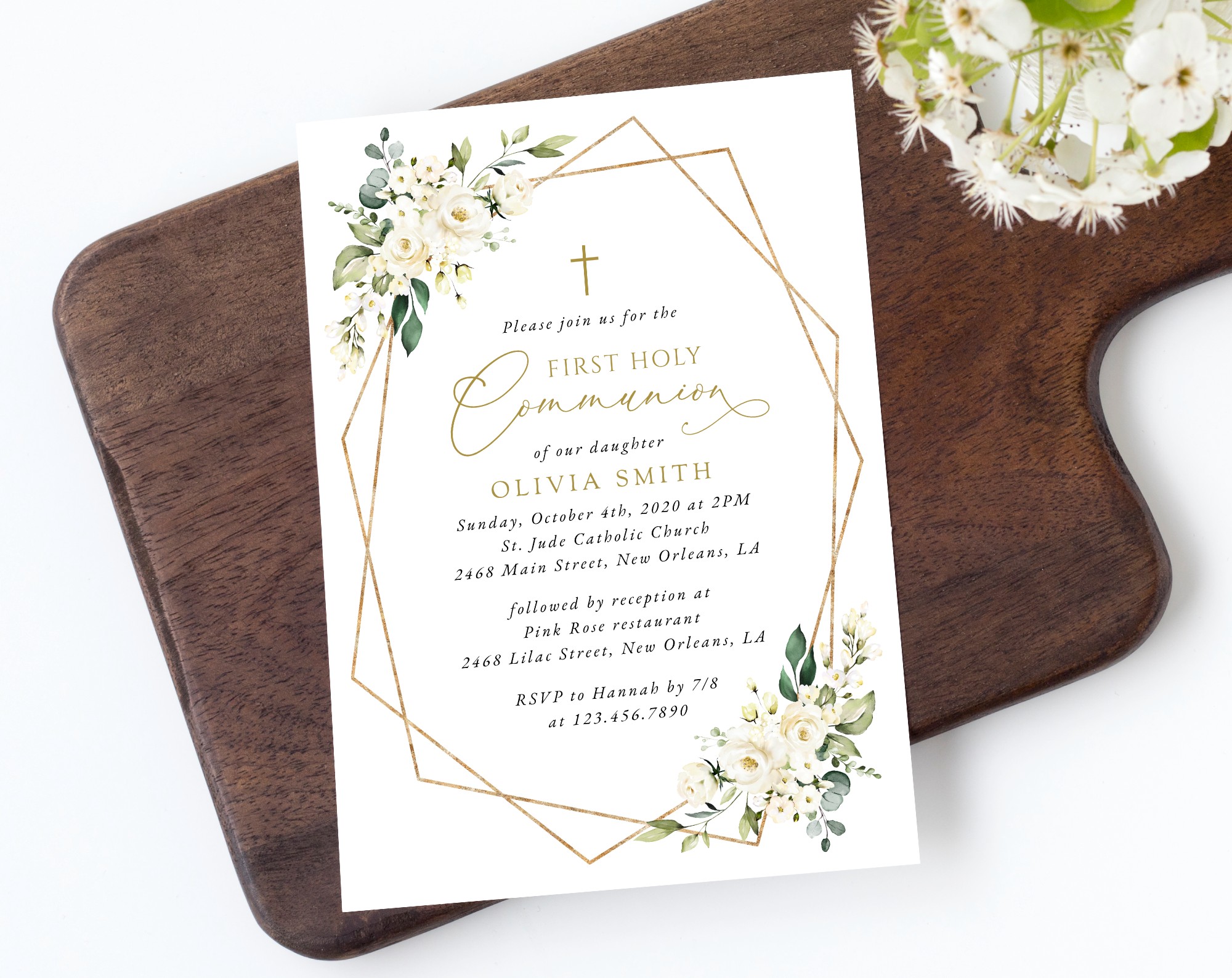 White Flowers First Holy Communion Invitation, Printable File, Edit Yourself, SH139