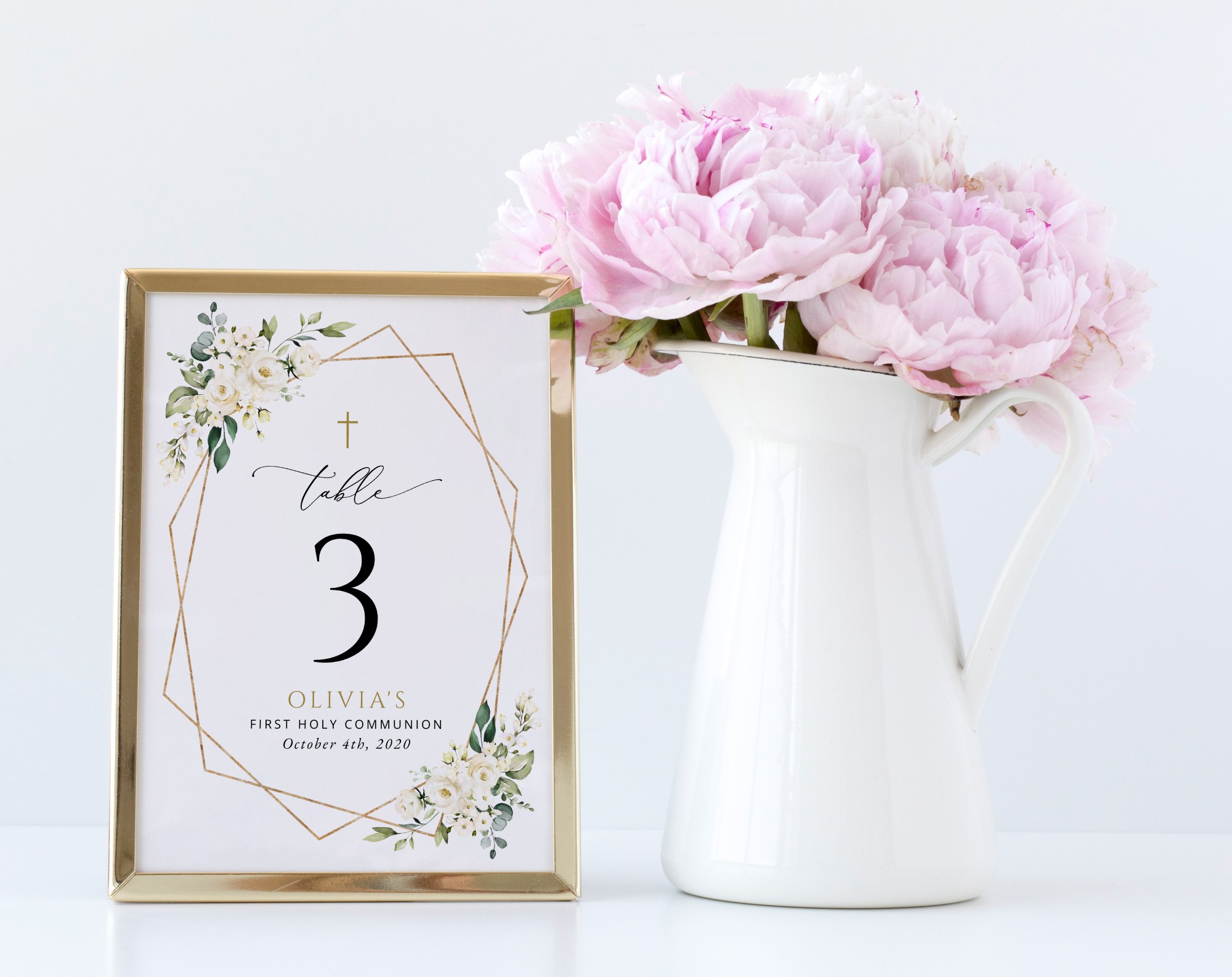 White Flowers Table Number Sign, First Holy Communion Sign, Printable File, Edit Yourself, SH139