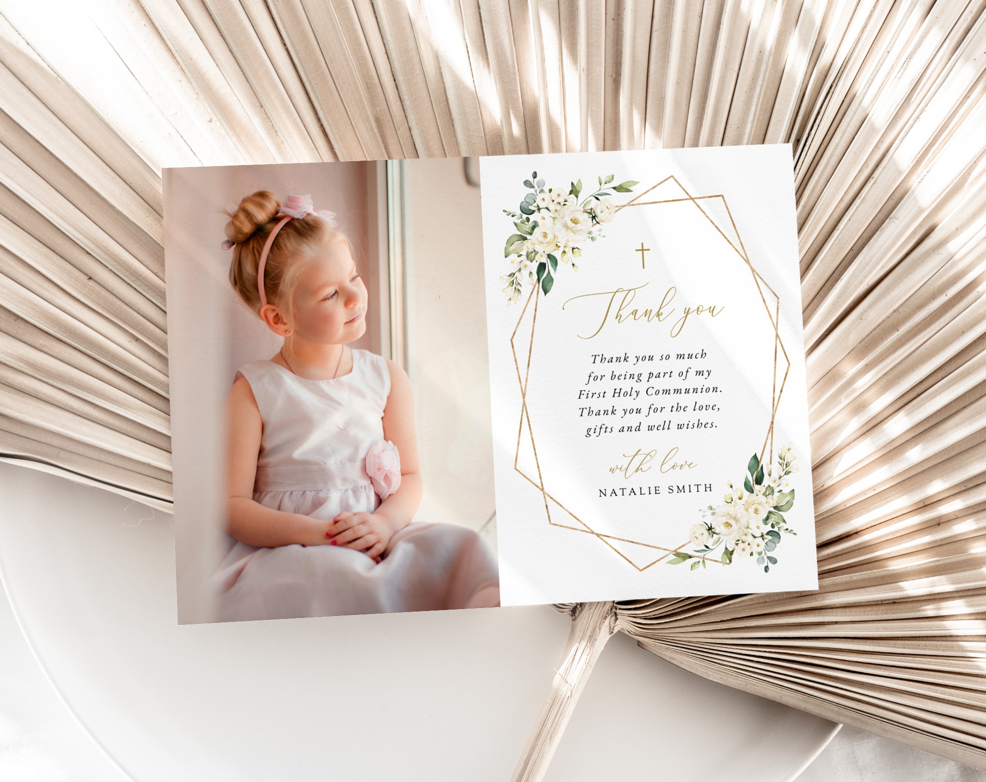 White Flowers First Holy Communion Thank You Card, Printable File, Edit Yourself, SH139