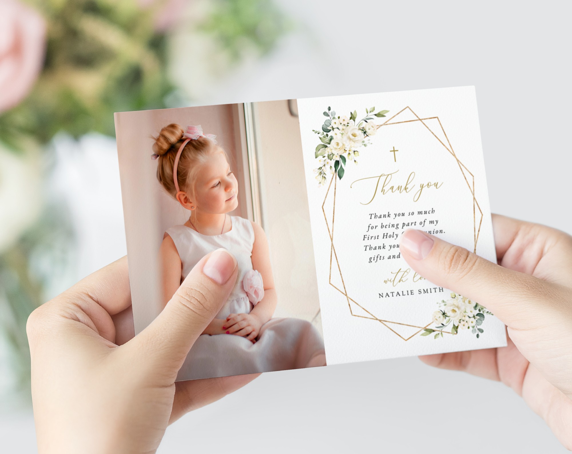 White Flowers First Holy Communion Thank You Card, Printable File, Edit Yourself, SH139 White Flowers First Holy Communion Thank You Card, Printable File, Edit Yourself, SH139