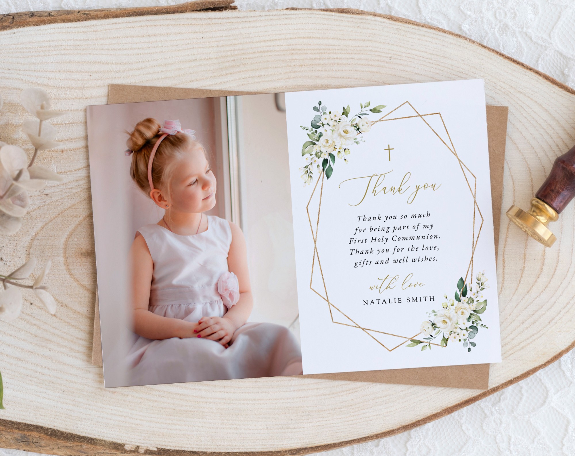White Flowers First Holy Communion Thank You Card, Printable File, Edit Yourself, SH139