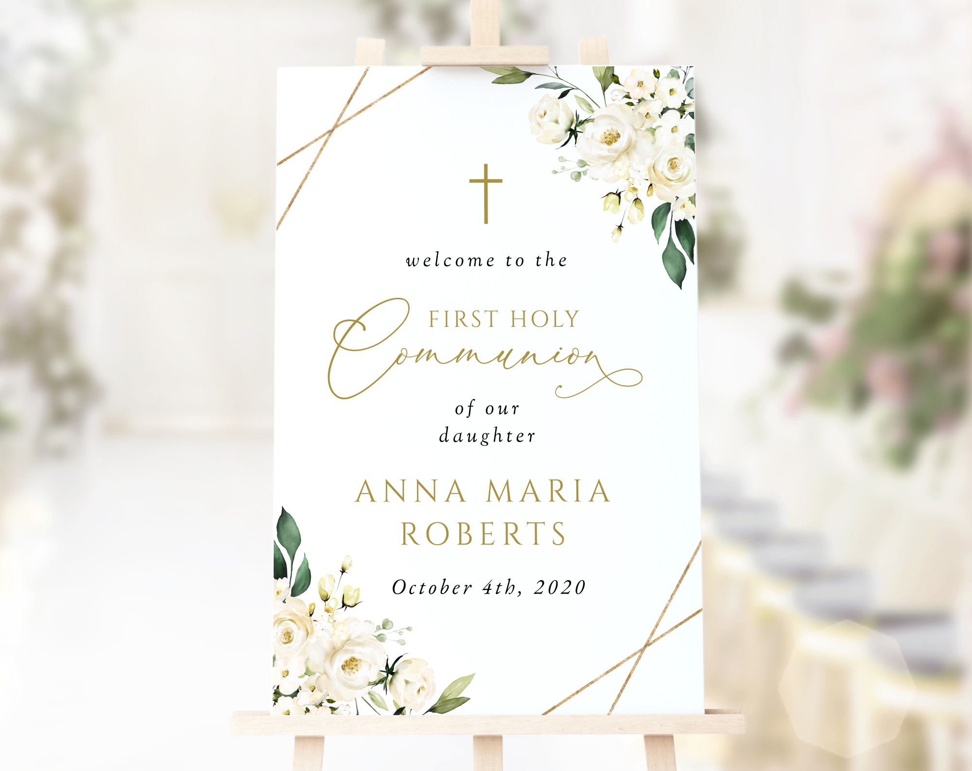 White Flowers Welcome Sign, First Holy Communion Sign, Printable File, Edit Yourself, SH139