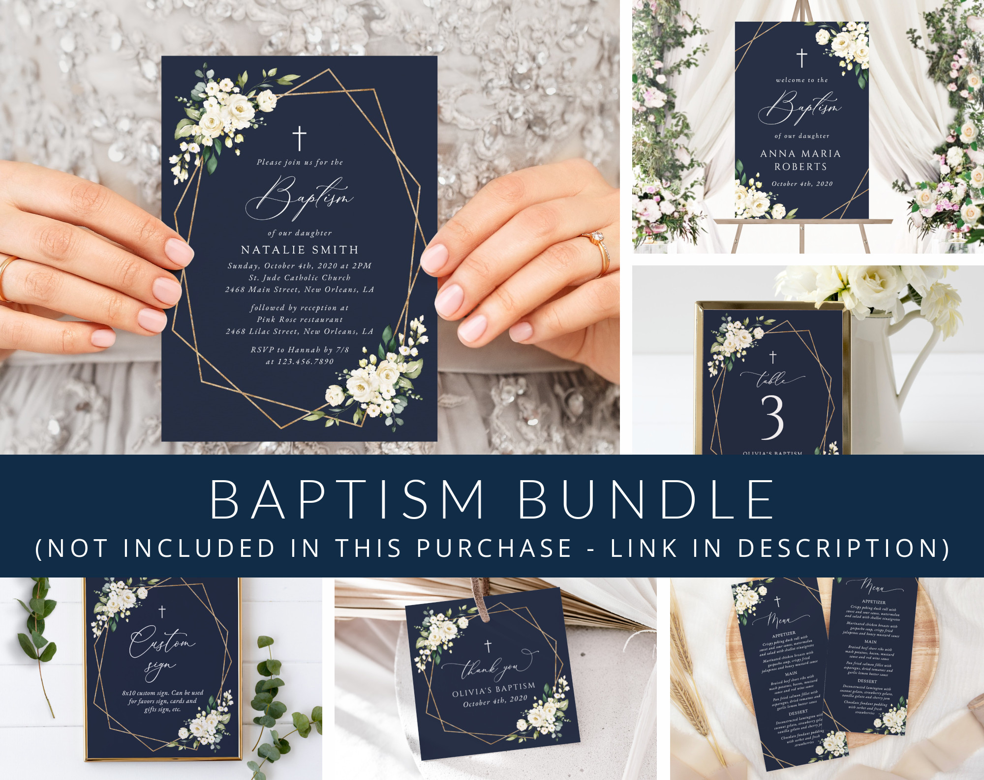 Navy and White Flowers Baptism Mini Bundle, Printable File, Edit Yourself, SH140