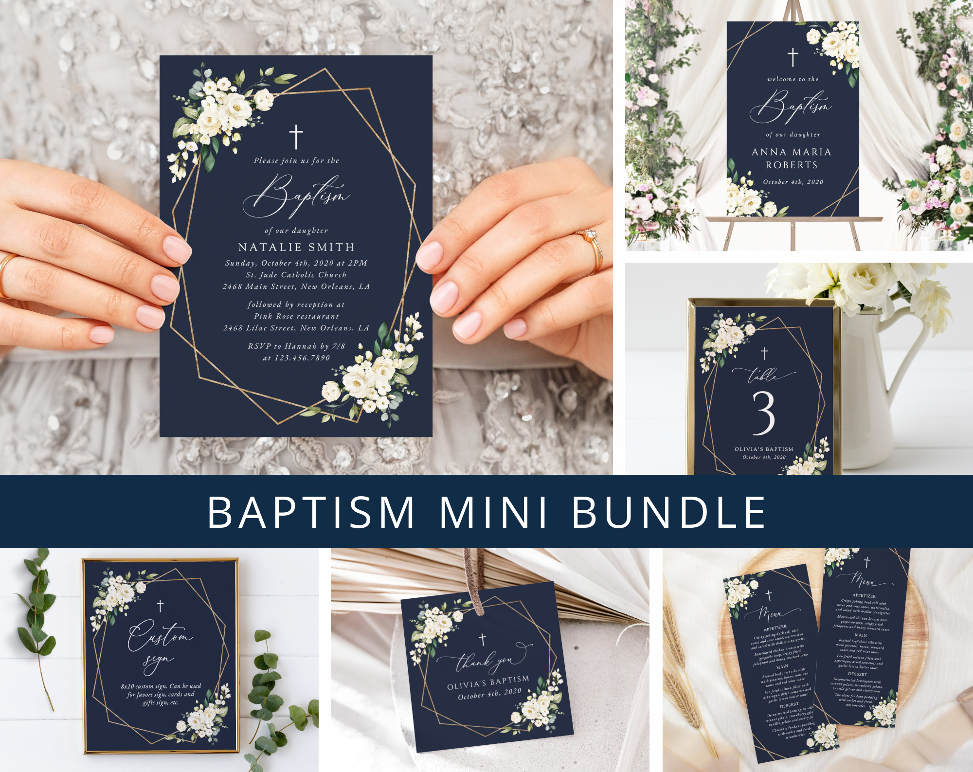 Navy and White Flowers Baptism Mini Bundle, Printable File, Edit Yourself, SH140