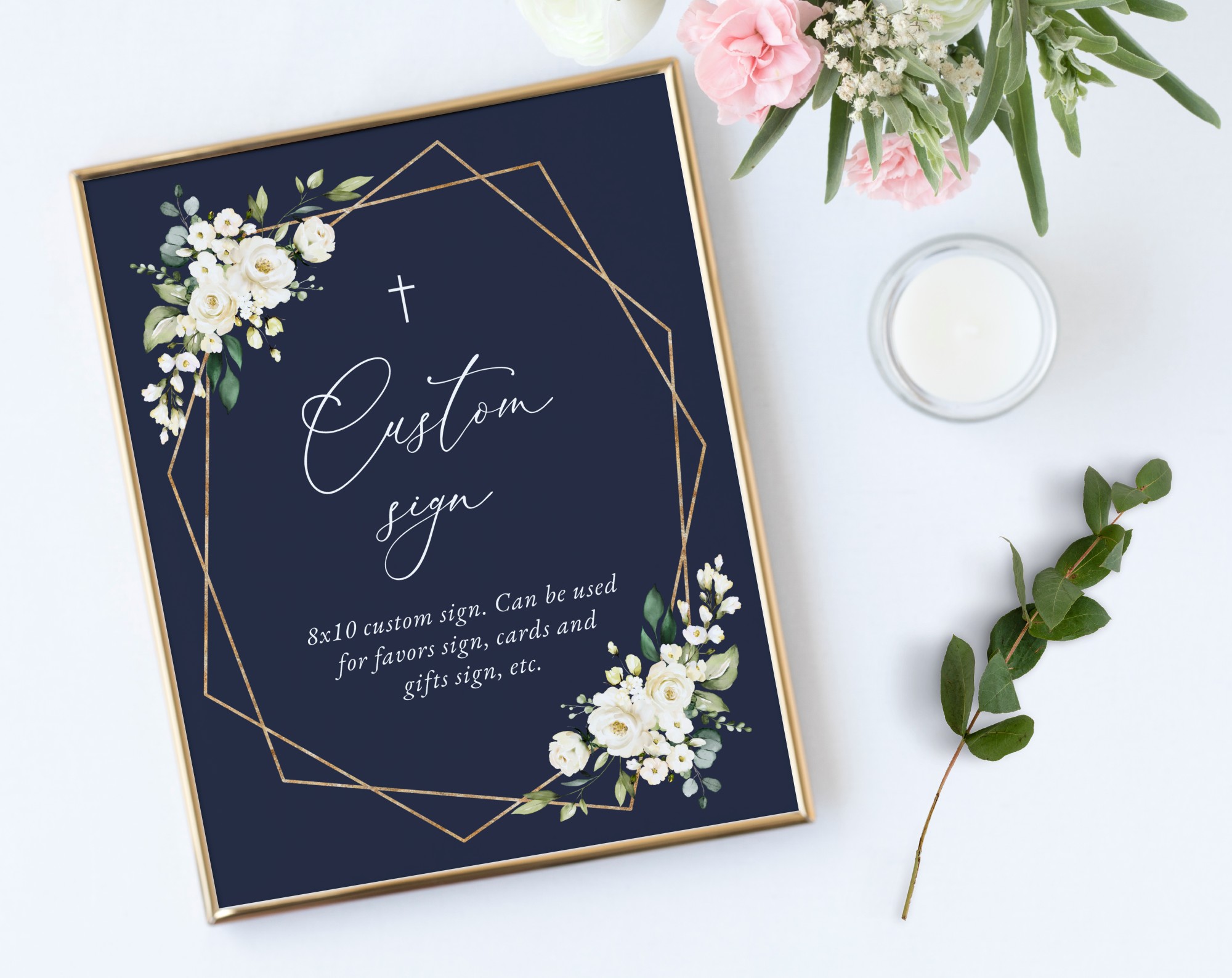 Navy and White Flowers Custom Sign, Baptism, First Holy Communion, Printable File, Edit Yourself, SH140 SH141