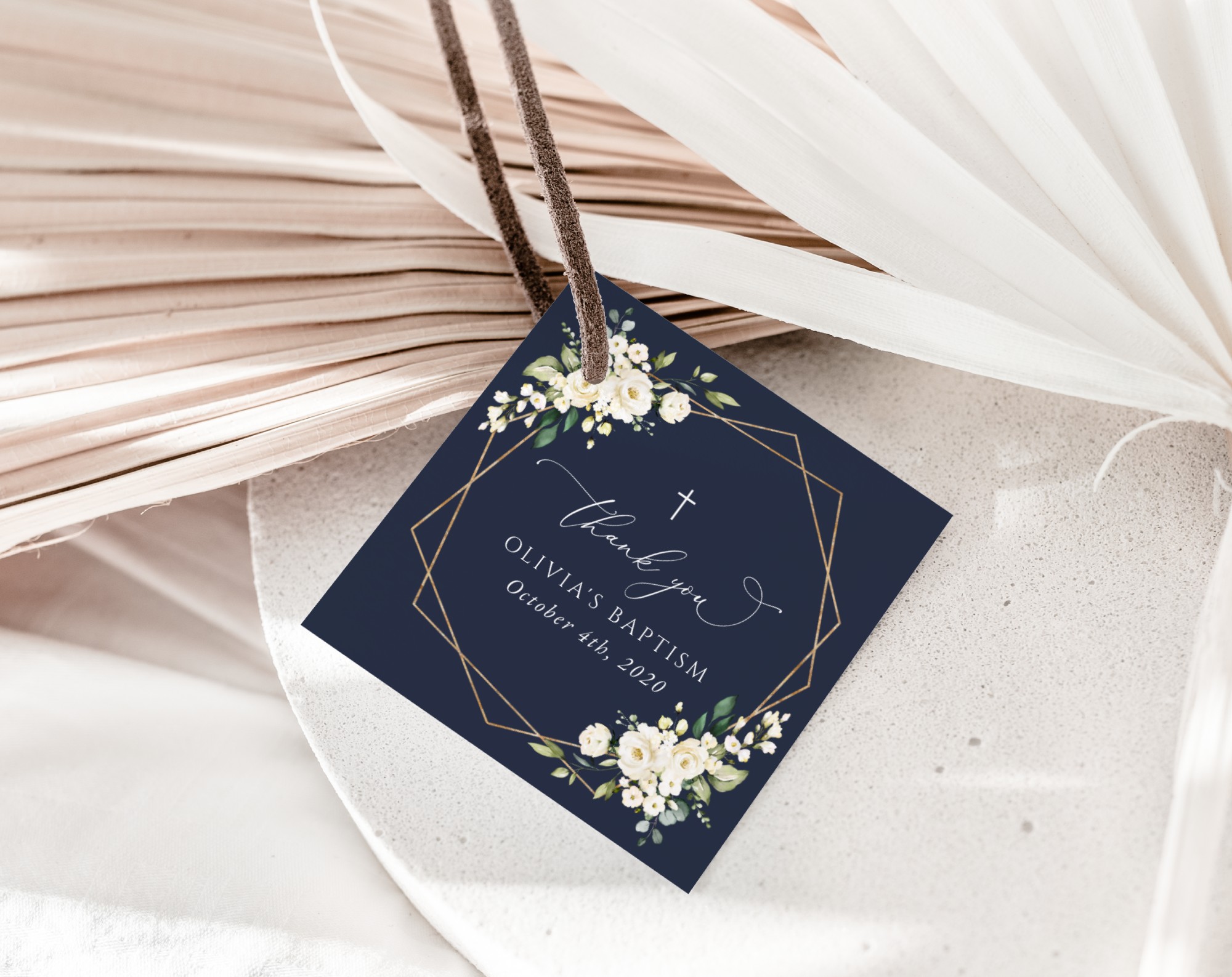 Navy and White Flowers Baptism Favor Tags, Gift Tags, Printable File, Edit Yourself, SH140