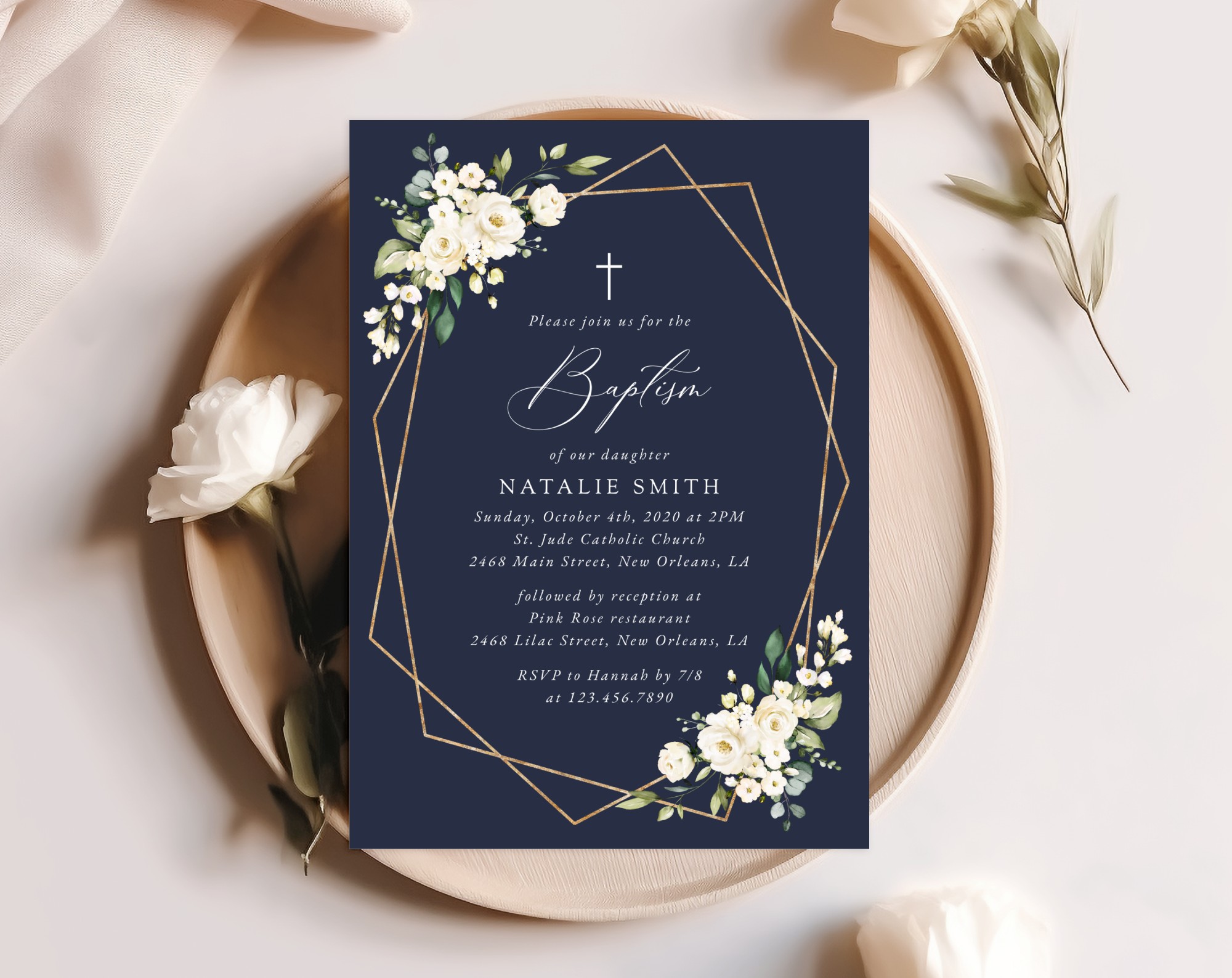 Navy and White Flowers Baptism Invitation, Baptism Stationery, Printable File, Edit Yourself, SH140 Navy and White Flowers Baptism Invitation, Baptism Stationery, Printable File, Edit Yourself, SH140